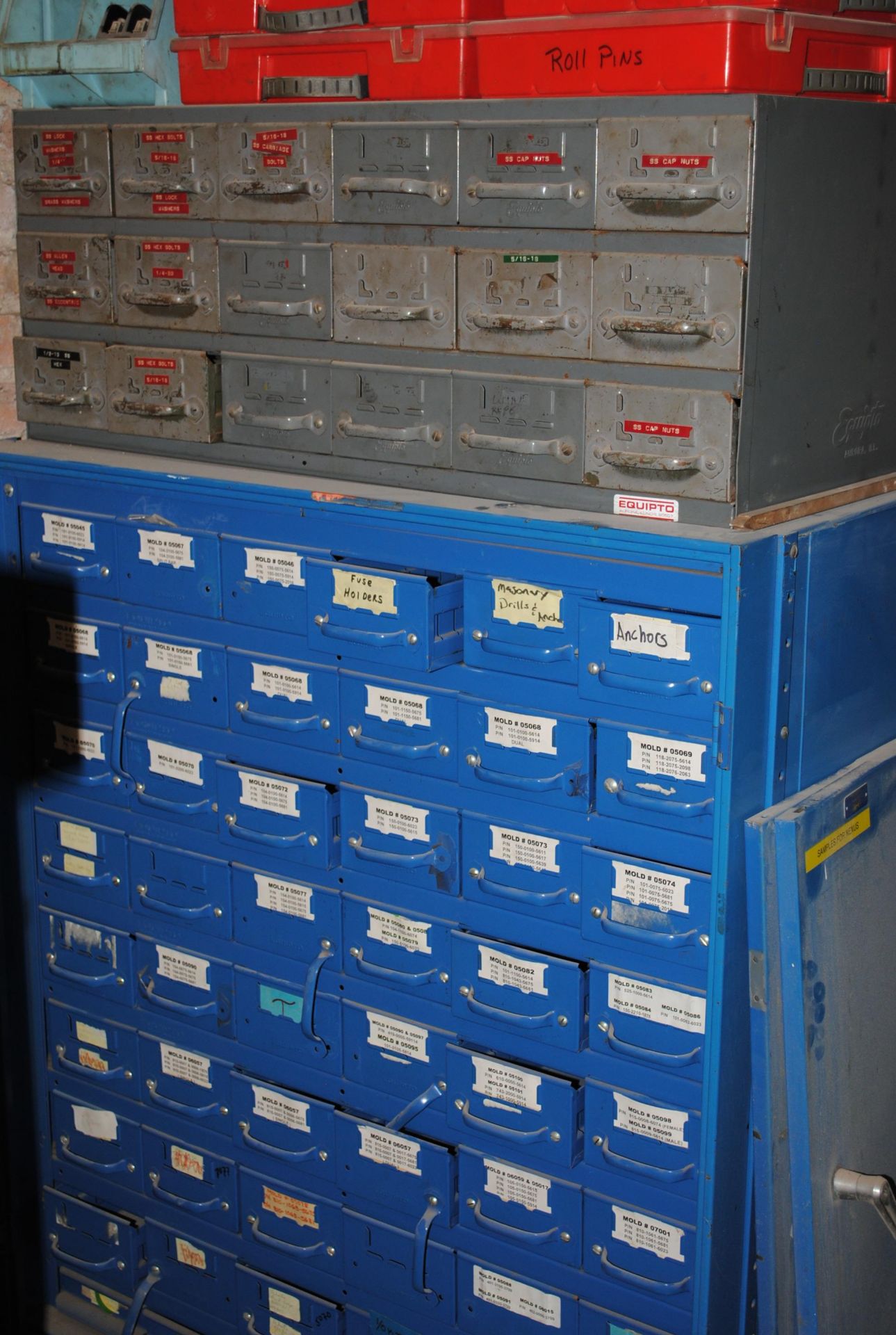 Lot - (1) Blue Cabinet with Stop/Start Buttons, European Switches, Metric Air Fittings, (1) Cabinet