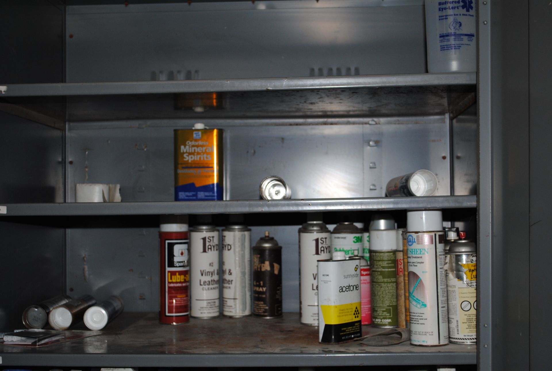 Lot - Cabinet of Misc. Clearers, Cork, Adhesive Remover, Soap. Cabinet of Spray Paint, Window