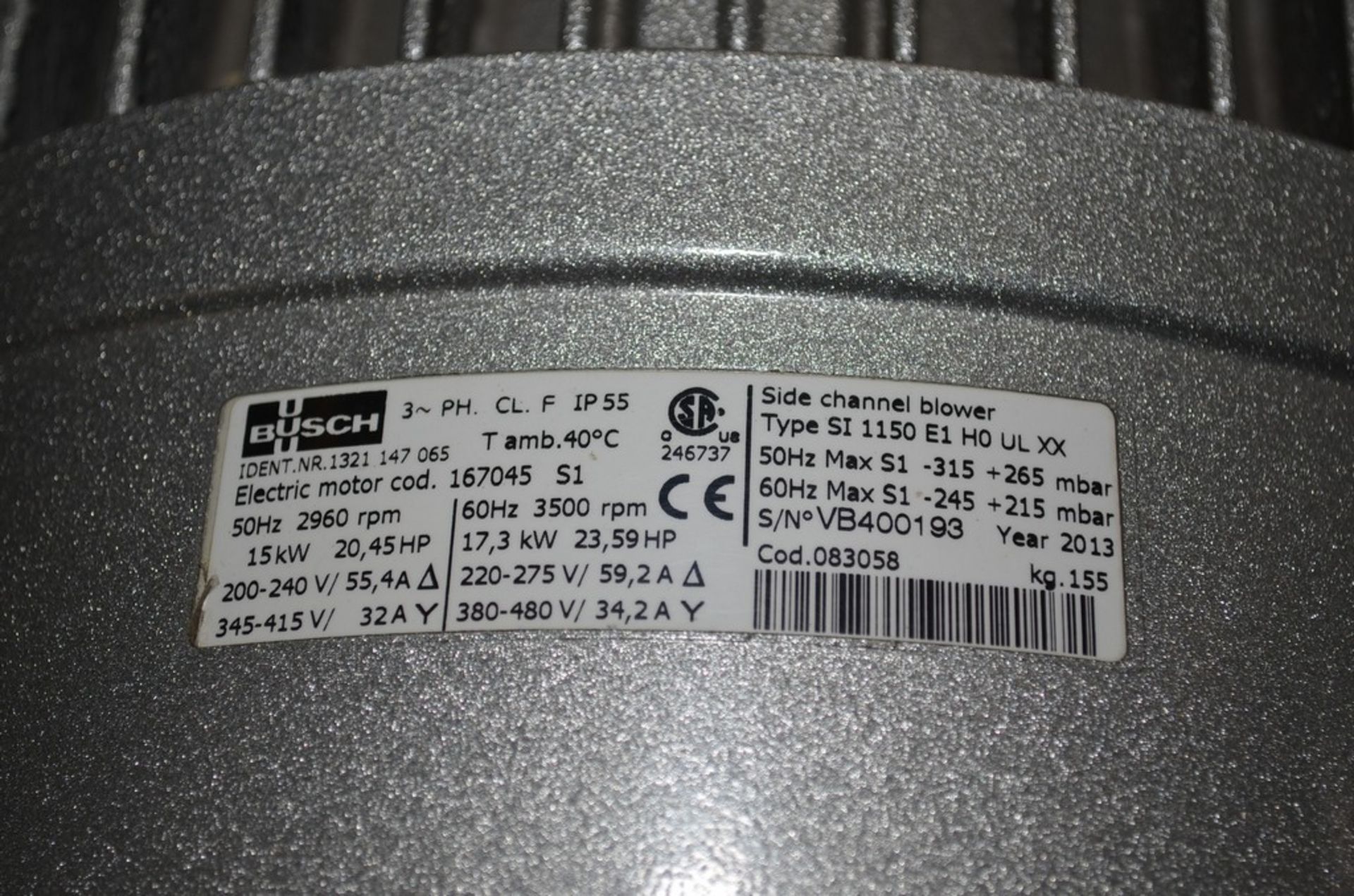 Busch Model SI1150E1H0ULXX Blower. Nominal Pumping Speed 848 AFCM. 4 in Diameter Inlet and Outlet. - Image 15 of 15