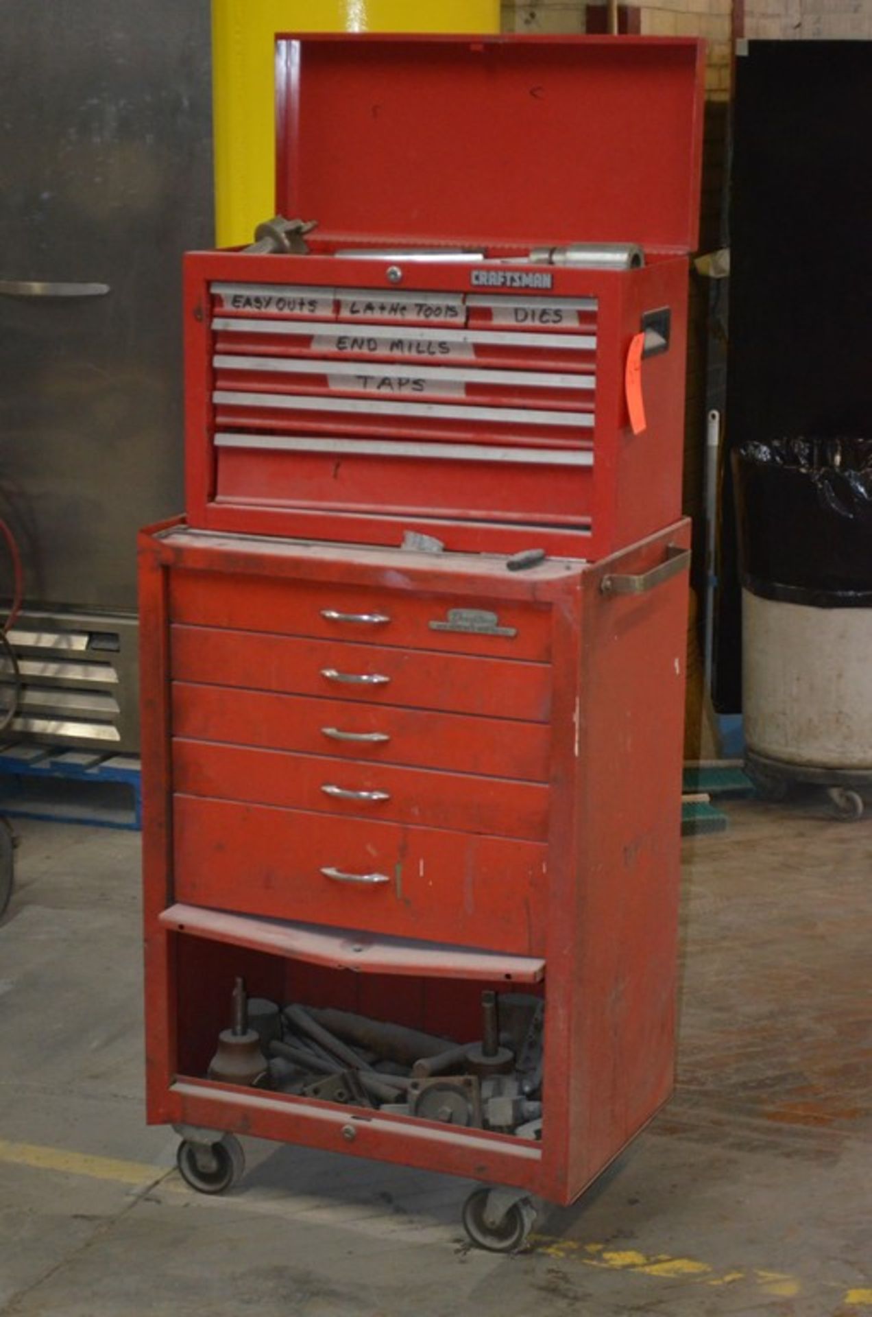 Lot - Portable Tool Cabinet and Tool Box with Assorted Drill Bits, Reamers, End Mills Etc.