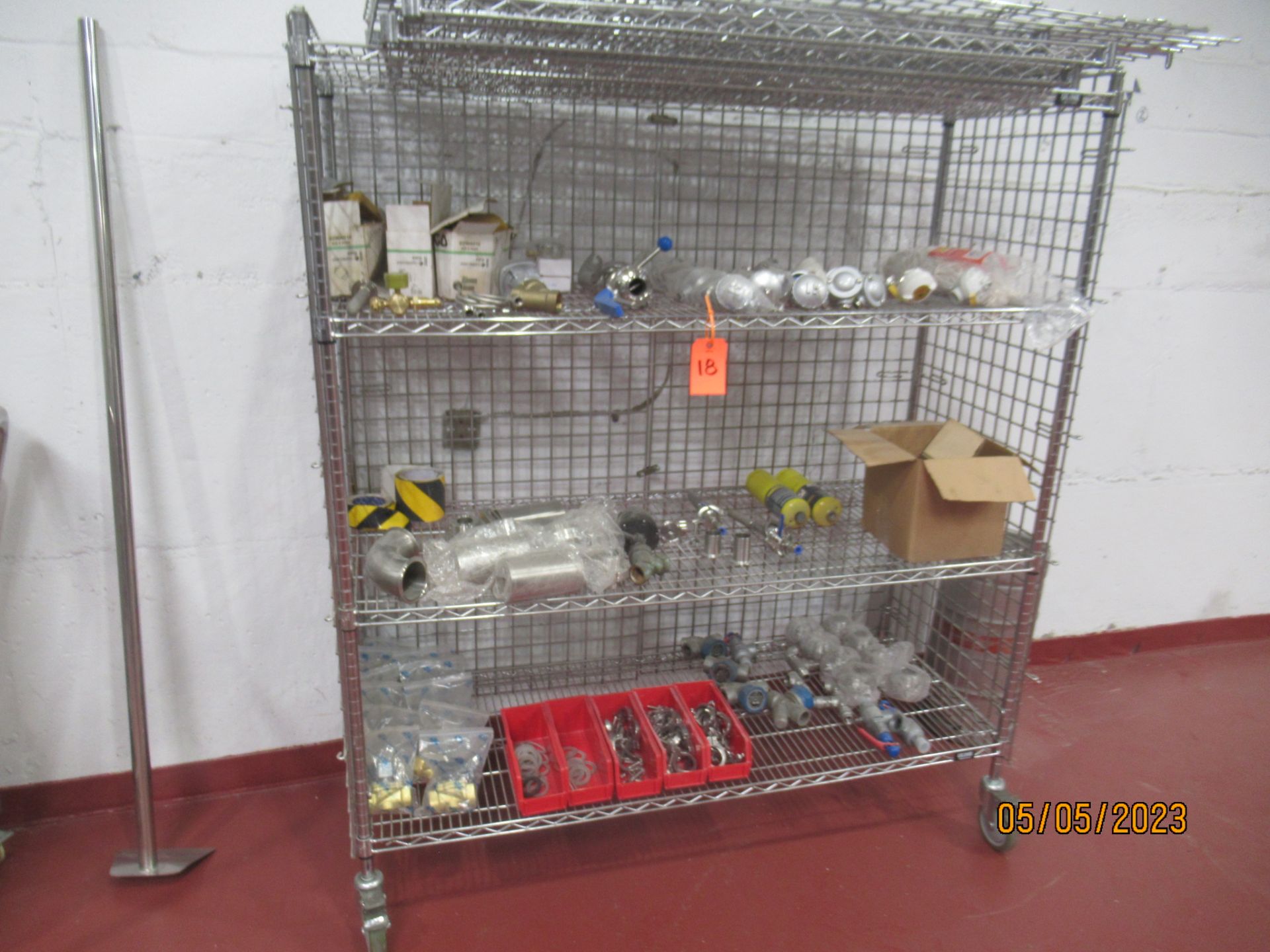 Wire Shelving Units with Assorted Stainless Steel Valves, Hoses, Clamps, Fittings, Spare Pipe, Etc