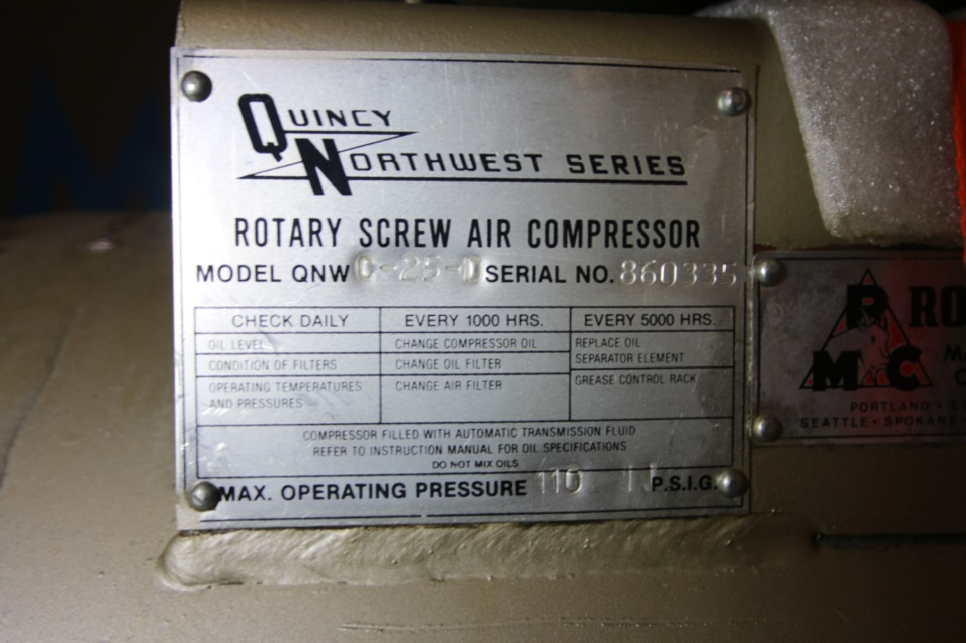 Quincy 25 hp Screw Air Compressor, Model C-25-D,SN 860335, with 110 psig, 230/460V Mounted on - Image 8 of 8