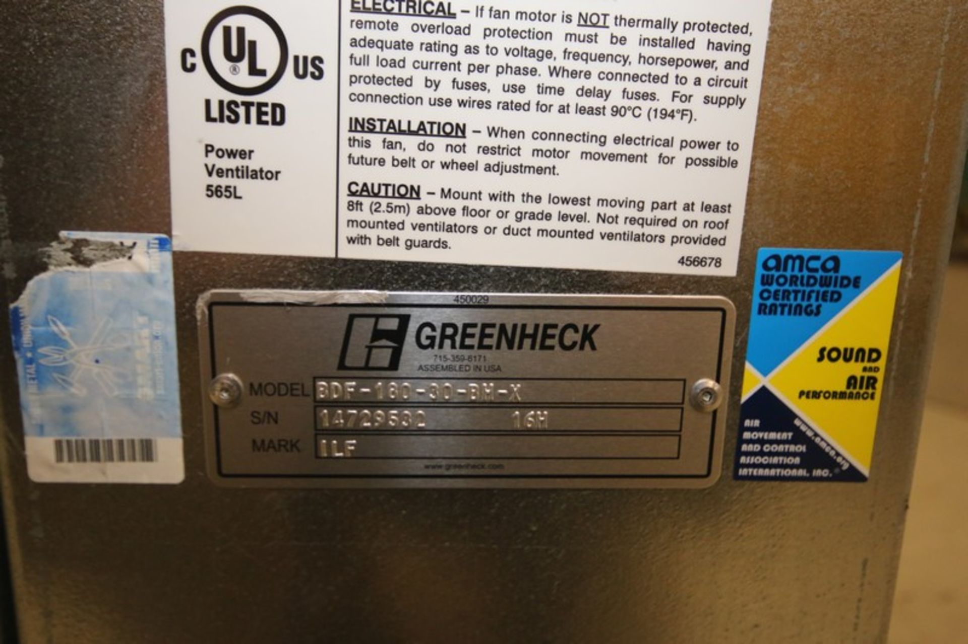 Greenheck 6' L x 42" W x 32" H Horizontal Duct Fan Model BDf-180-30-BH-X, SN 14729532, with Duct, - Image 5 of 5