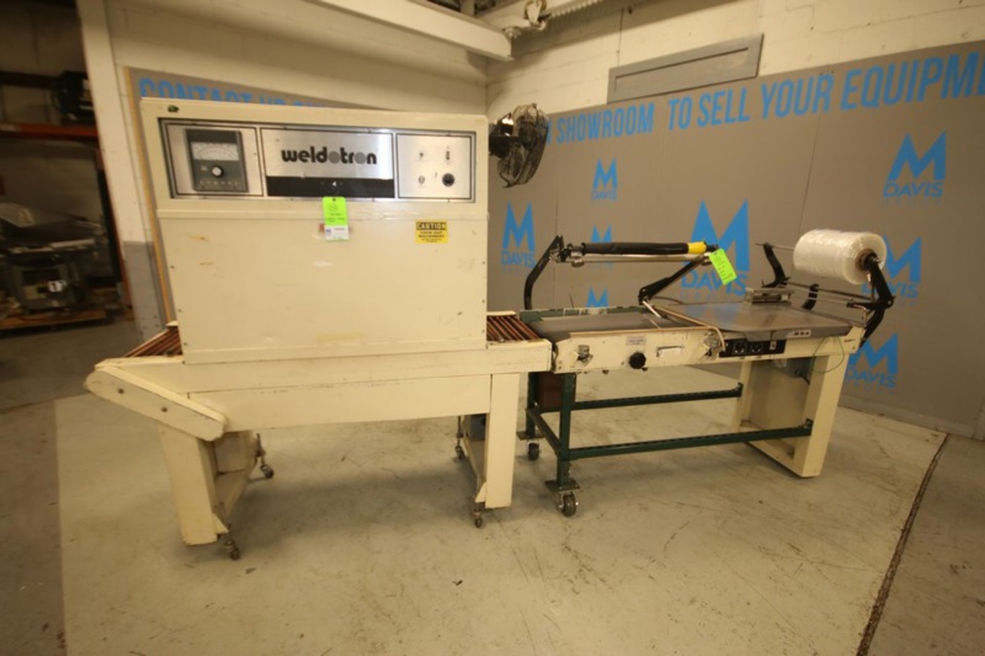 Weldotron 28" L Bar Sealer with 16" W Belt Conveyor, 12" W Roll of Wrap with 46" L Shrink Tunnel,