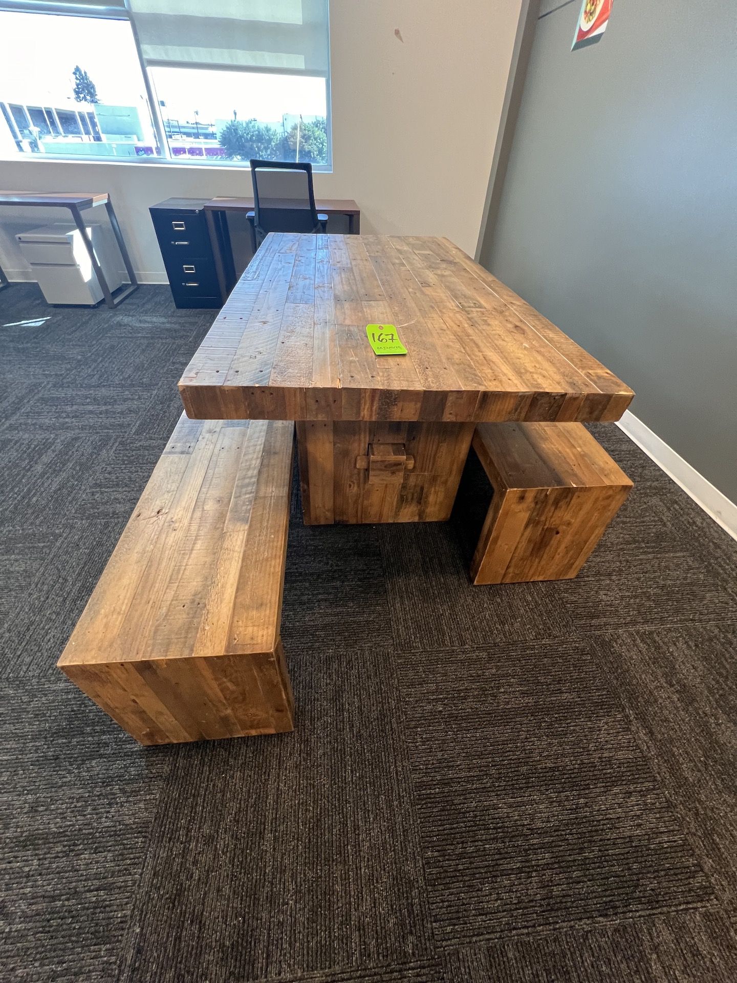 WOOD TABLE WITH WOOD STOOLS (RIGGING & SIMPLE LOADING FEE $100.00) (NOTE: DOES NOT INCLUDE SKIDDING