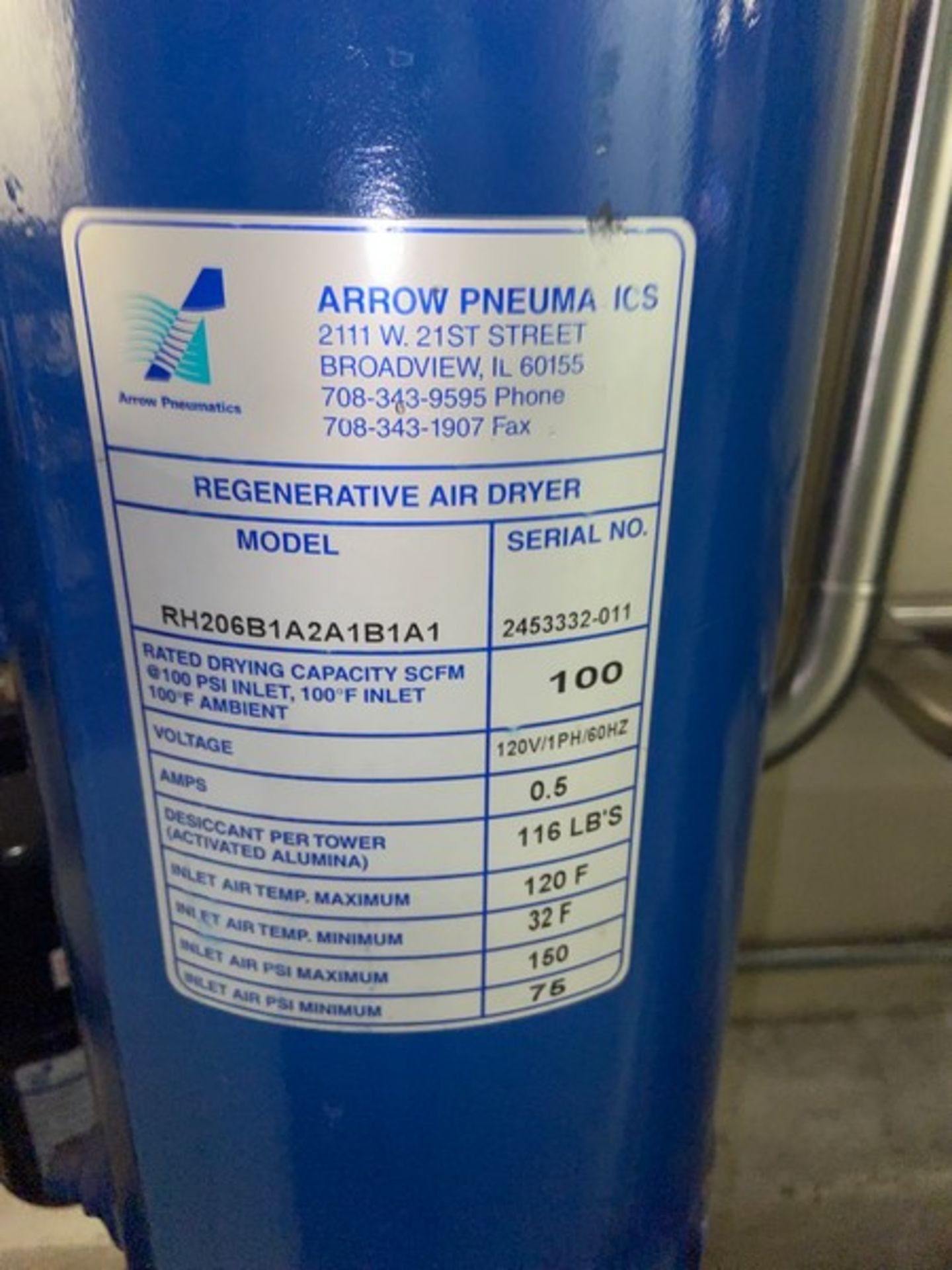 Arrow Pneuma Regenerative Air Dryer, M/N RH206B1A2A1B1A1, S/N 2453332-011, Rating Drying Capacity - Image 4 of 5