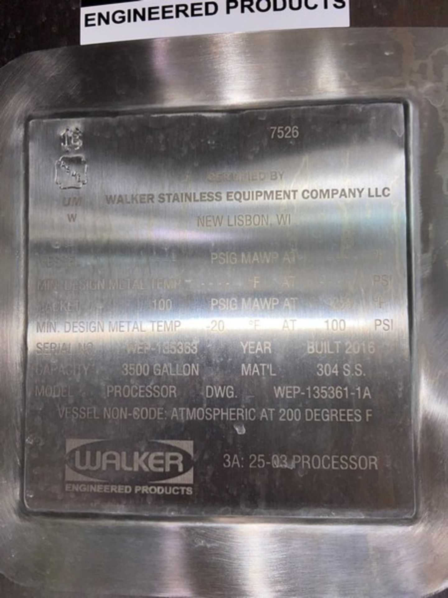 2016 Walker 3,500 Gal. S/S Jacketed Processors, M/N PROCESSOR DWG. WEP-1353361-1A, S/N WEP-135363, - Image 6 of 14
