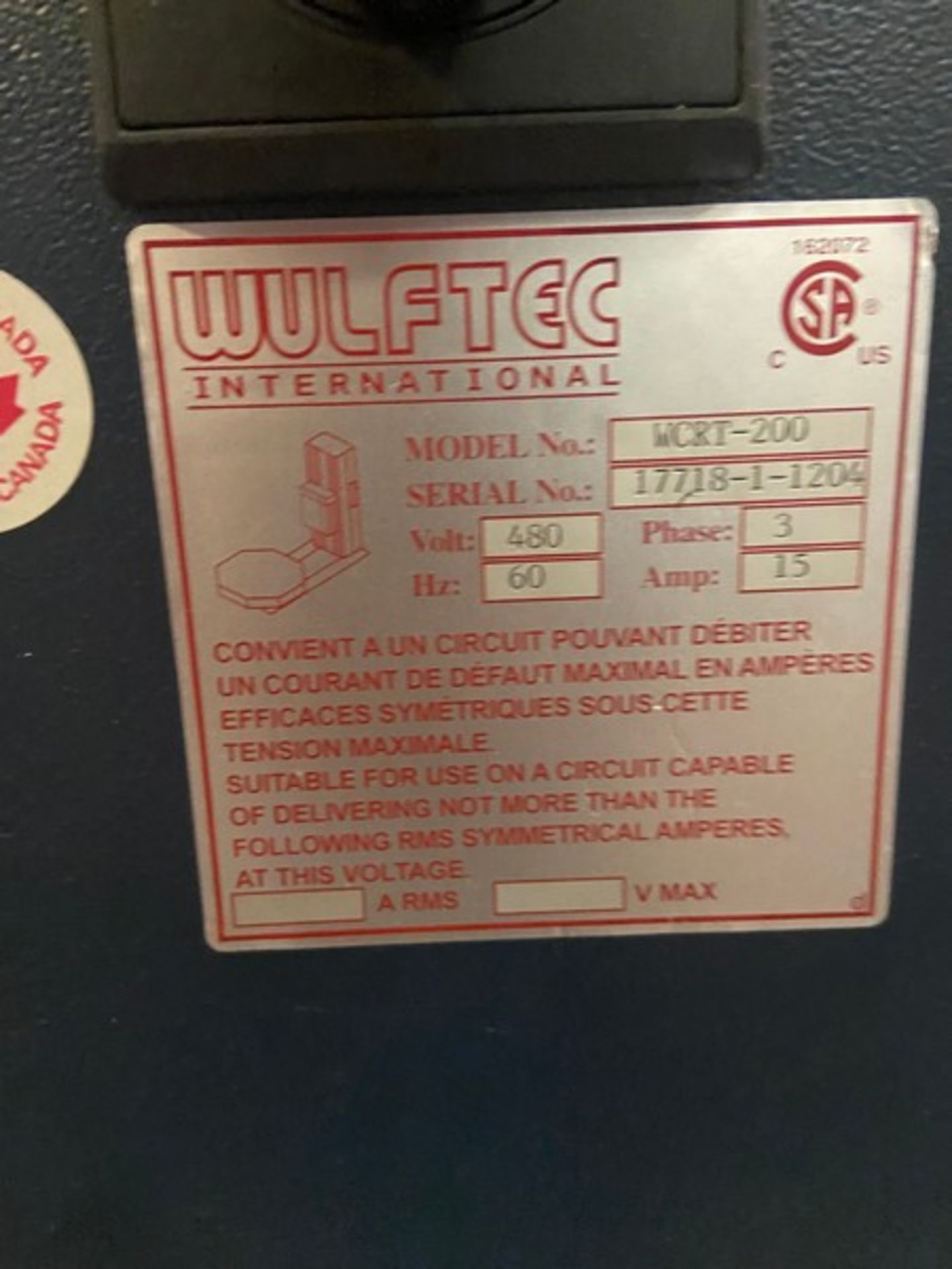 Wulftec International Stretch Wrapper, M/N WCRT-200, S/N 17718-1-1204, 480 Volts, 3 Phase, with - Image 6 of 10
