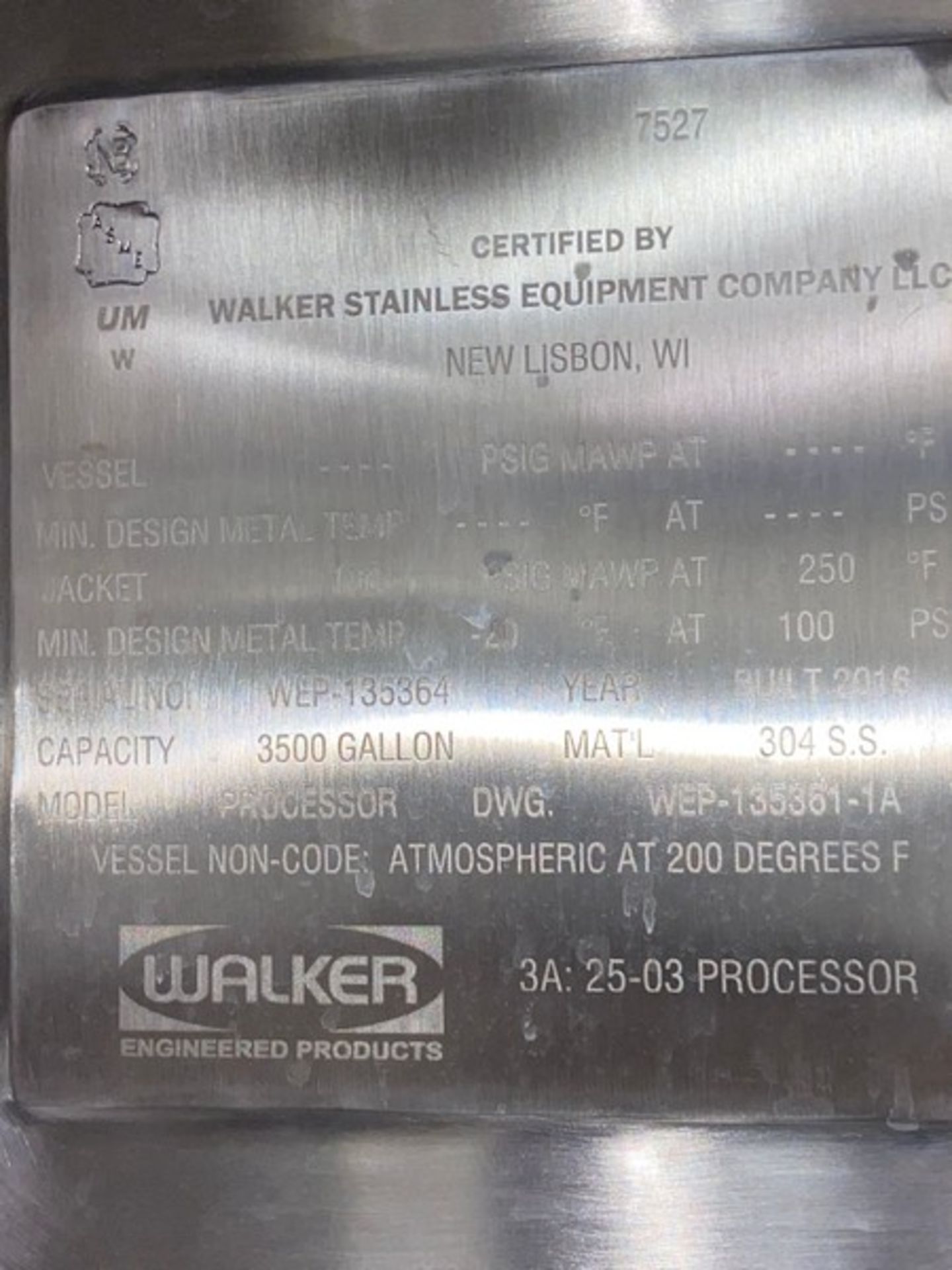 2016 Walker 3,500 Gal. S/S Jacketed Processors, M/N PROCESSOR DWG. WEP-1353361-1A, S/N WEP-135364, - Image 4 of 15