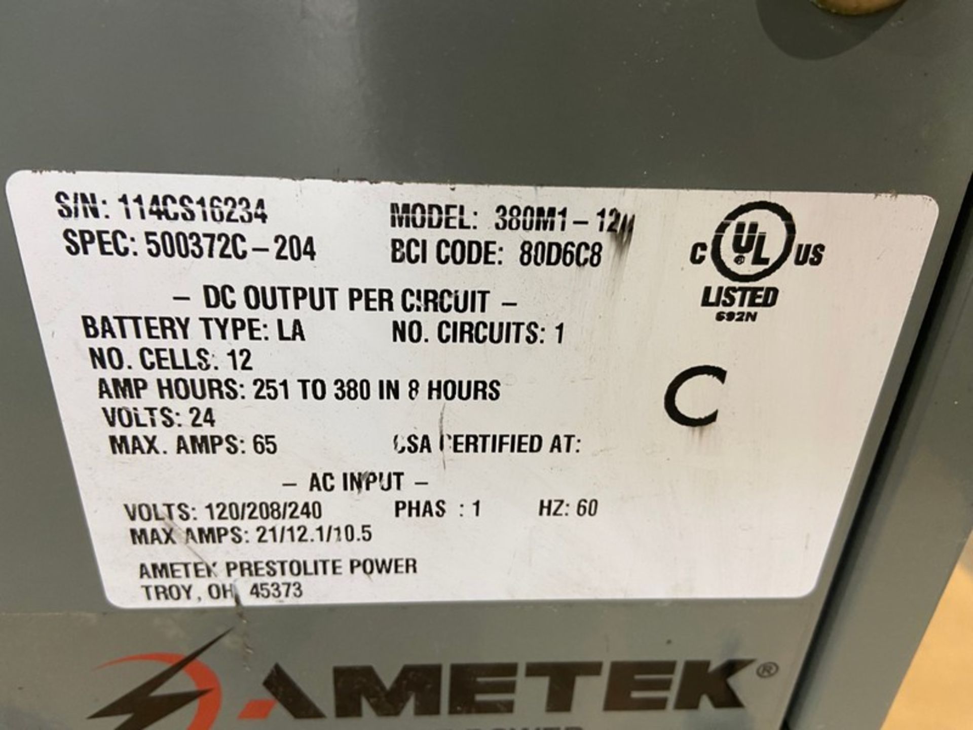 AMETEK Battery-Mate 80 Forklift Battery Charger,M/N 380M1-12C, S/N 114CS16234, DC Output Per - Image 4 of 4
