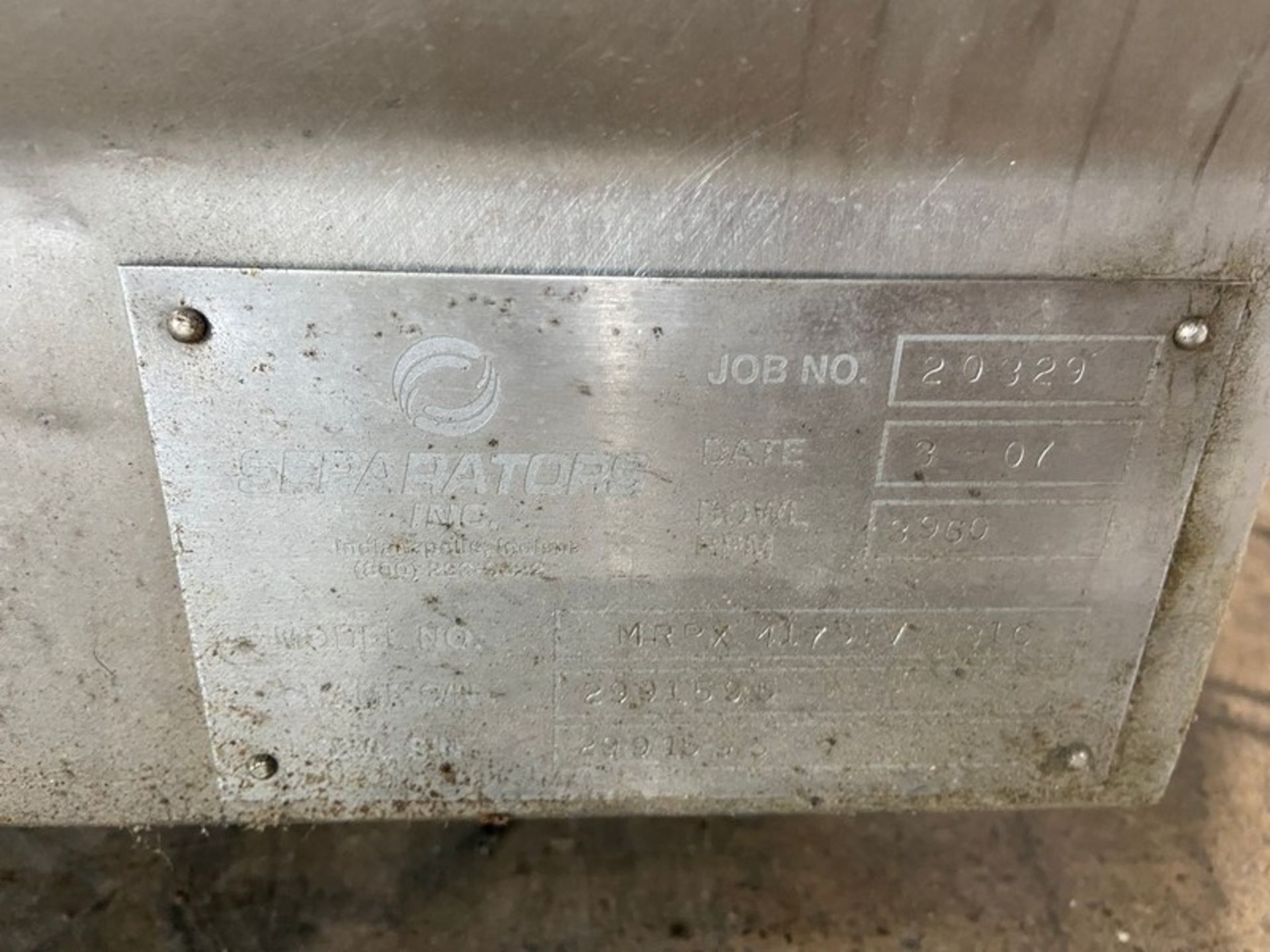 Separator Inc. S/S Separator,-M/N MRPX4179IV316, S/N 2991595, Bowl RPM 3960(INV#88847) (Located @ - Image 12 of 12