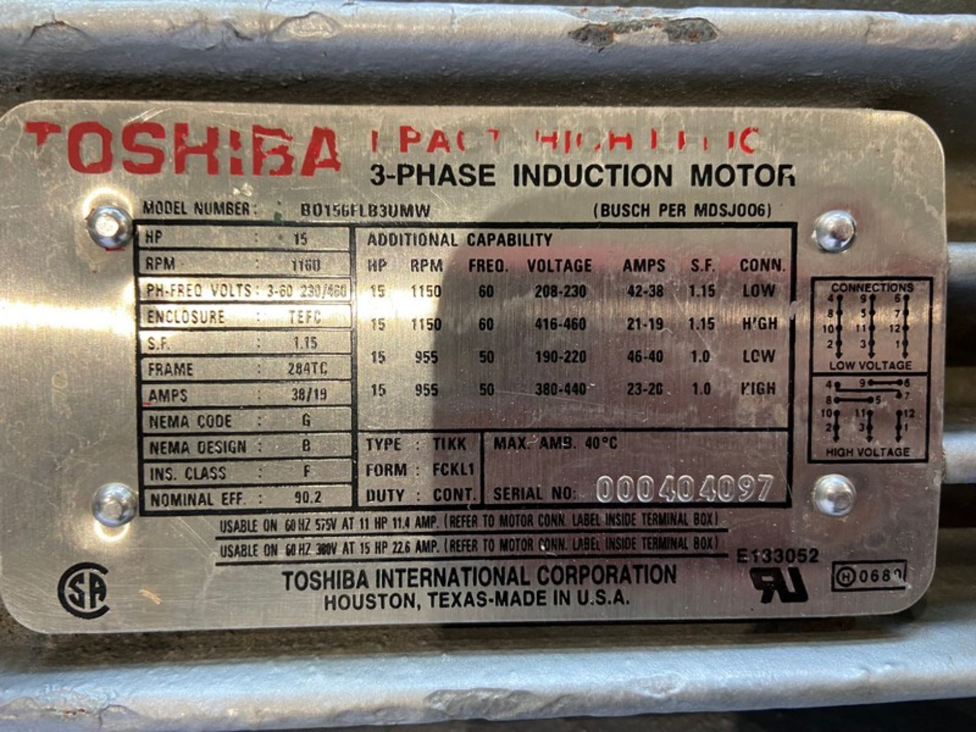 Buusch 15 hp Vacuum Pump,-Type RC0400B0331004, S/N C6955, with Toshiba 1150 RPM Motor, 208-230/460 - Image 5 of 8