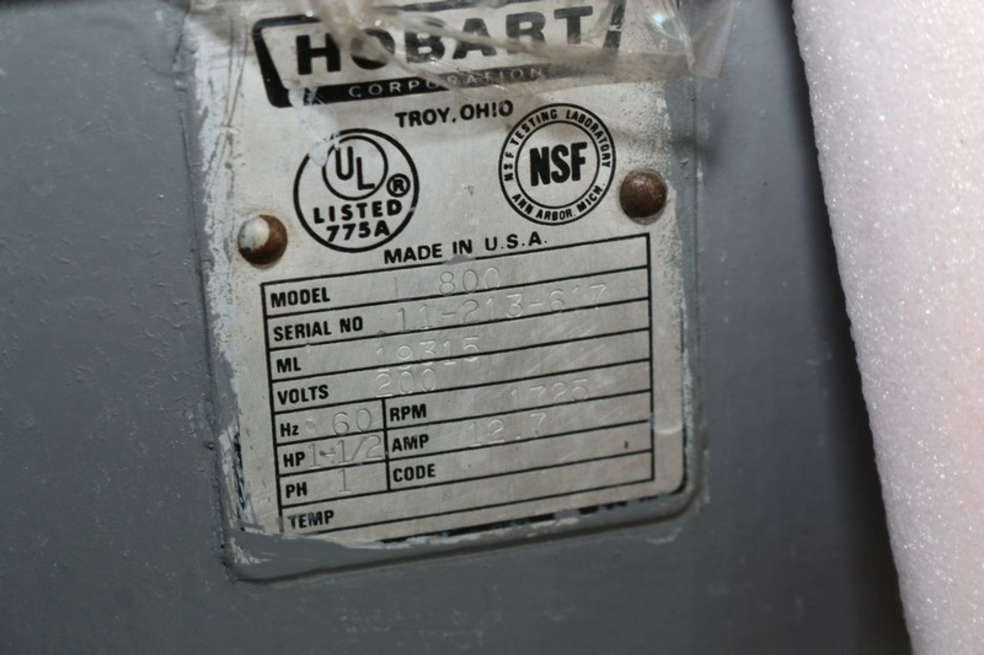 Hobart Mixer,-M/N L-800, S/N 11-213-617, 200 Volts, 1725 RPM Motor, with 1-1/2 hp Motor, with S/S - Image 6 of 6