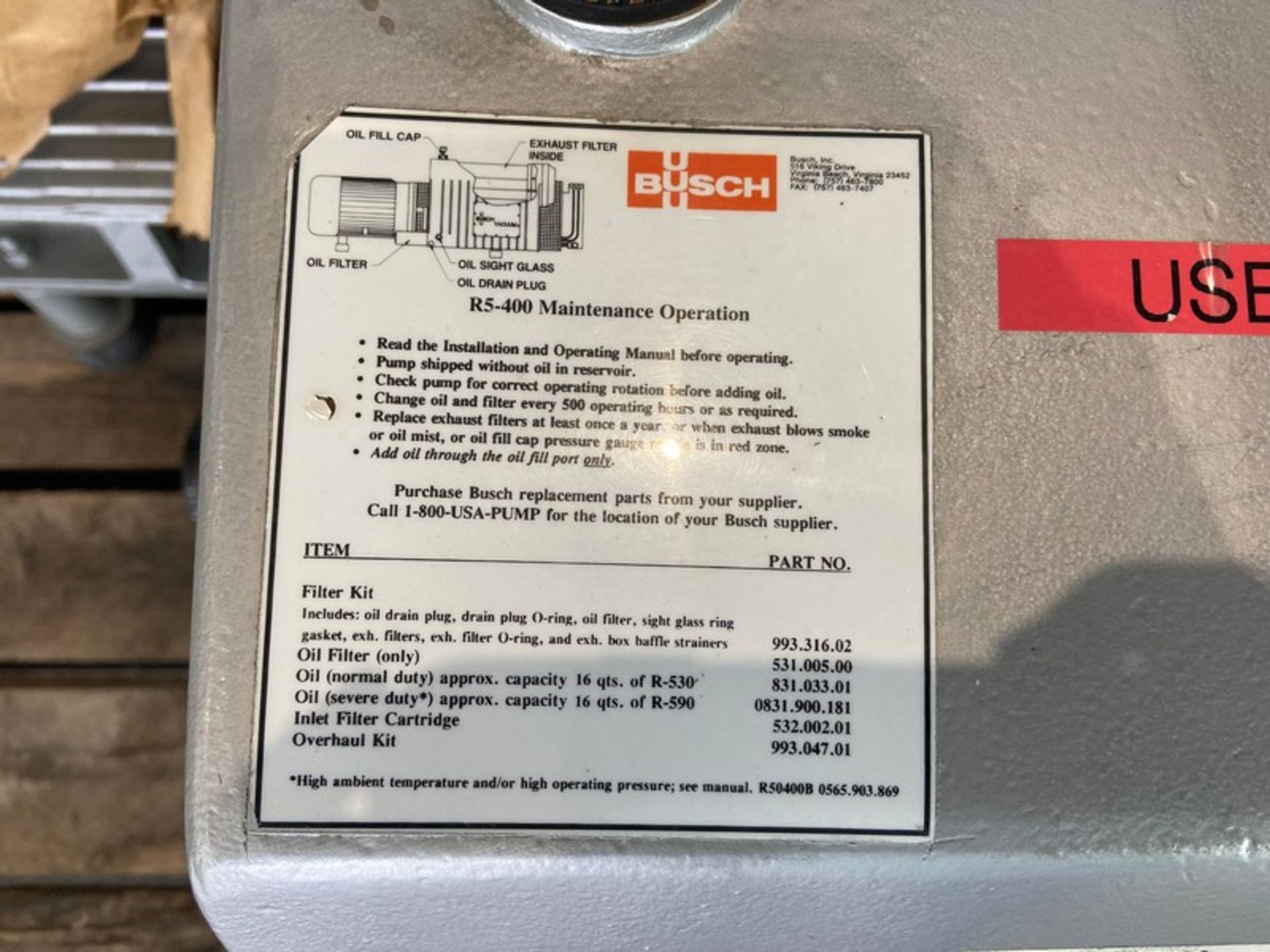 Buusch 15 hp Vacuum Pump,-Type RC0400B0331004, S/N C6955, with Toshiba 1150 RPM Motor, 208-230/460 - Image 8 of 8