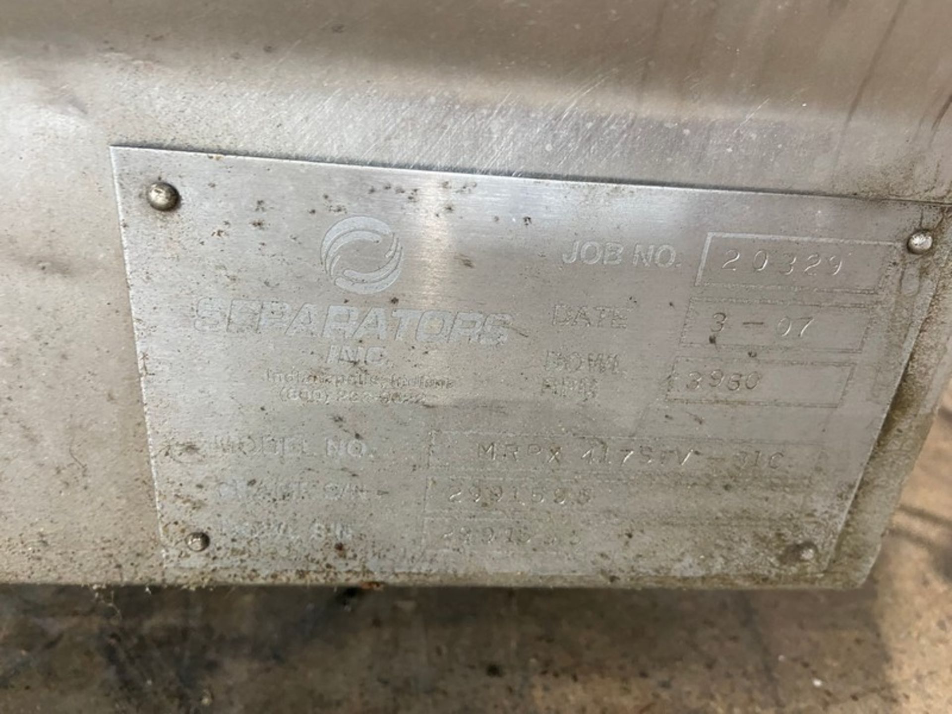 Separator Inc. S/S Separator,-M/N MRPX4179IV316, S/N 2991595, Bowl RPM 3960(INV#88847) (Located @ - Image 10 of 12