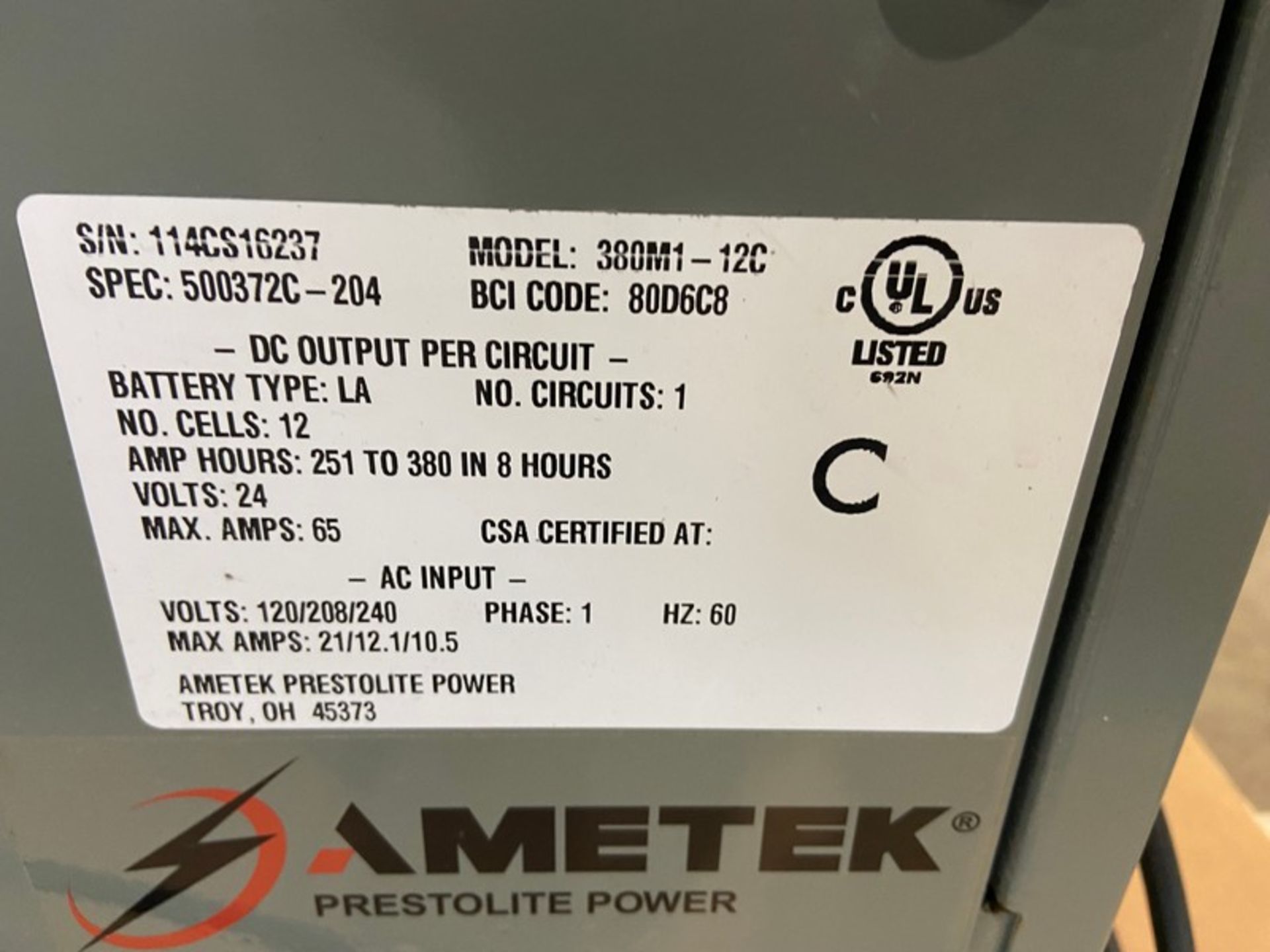 AMETEK Battery-Mate 80 Forklift Battery Charger,M/N 380M1-12C, S/N 114CS16237, DC Output Per - Image 3 of 4