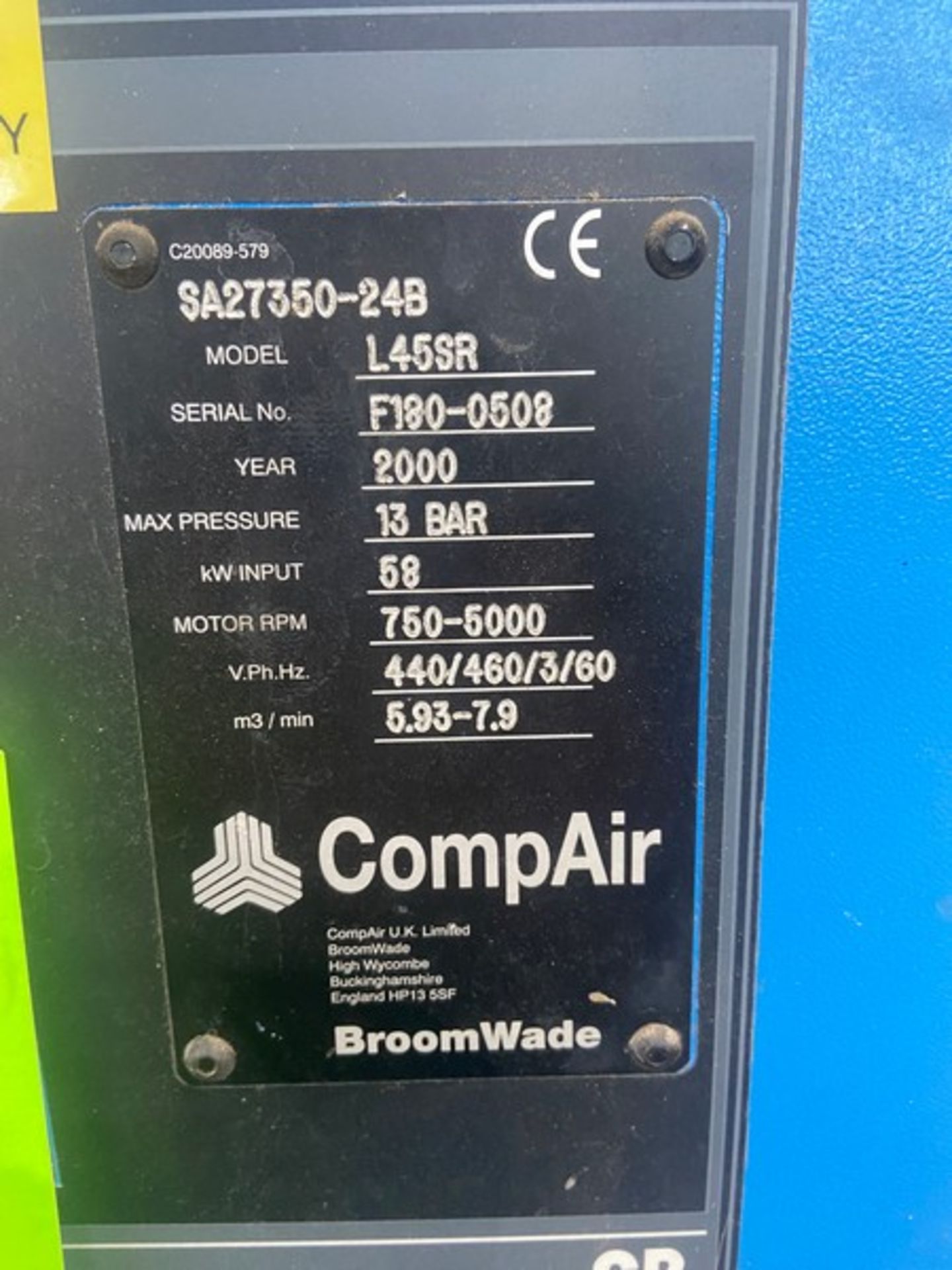 CompAir Air Compressor,-M/N L45SR, S/N F180-0508, Max. Pressure 13 BAR, Motor RPM 750-5000, 440/ - Image 4 of 7