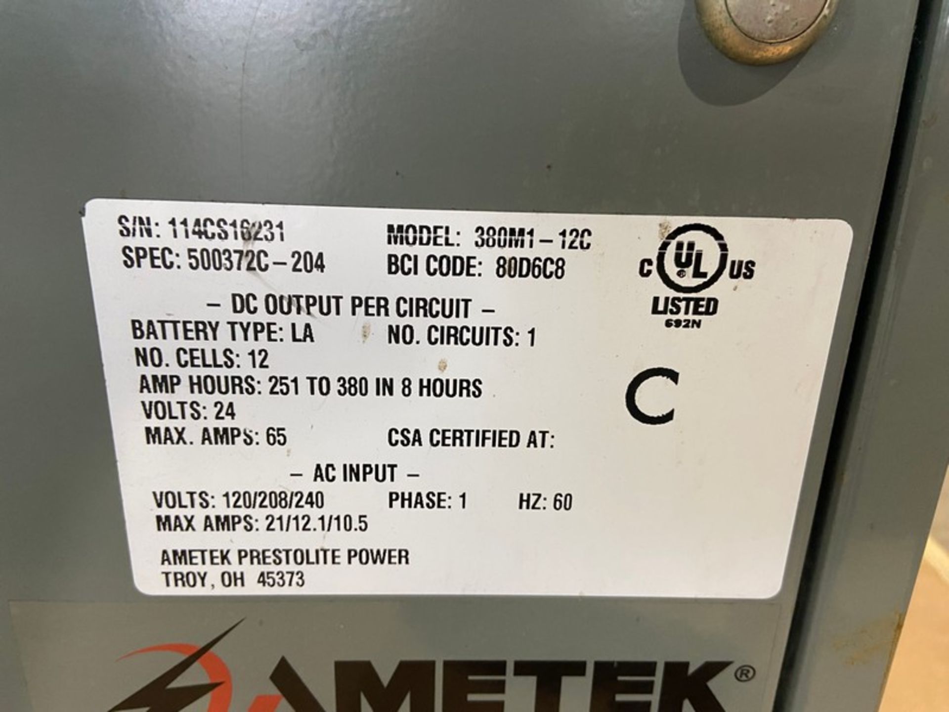 AMETEK Battery-Mate 80 Forklift Battery Charger,M/N 380M1-12C, S/N 114CS16231, DC Output Per - Image 5 of 5