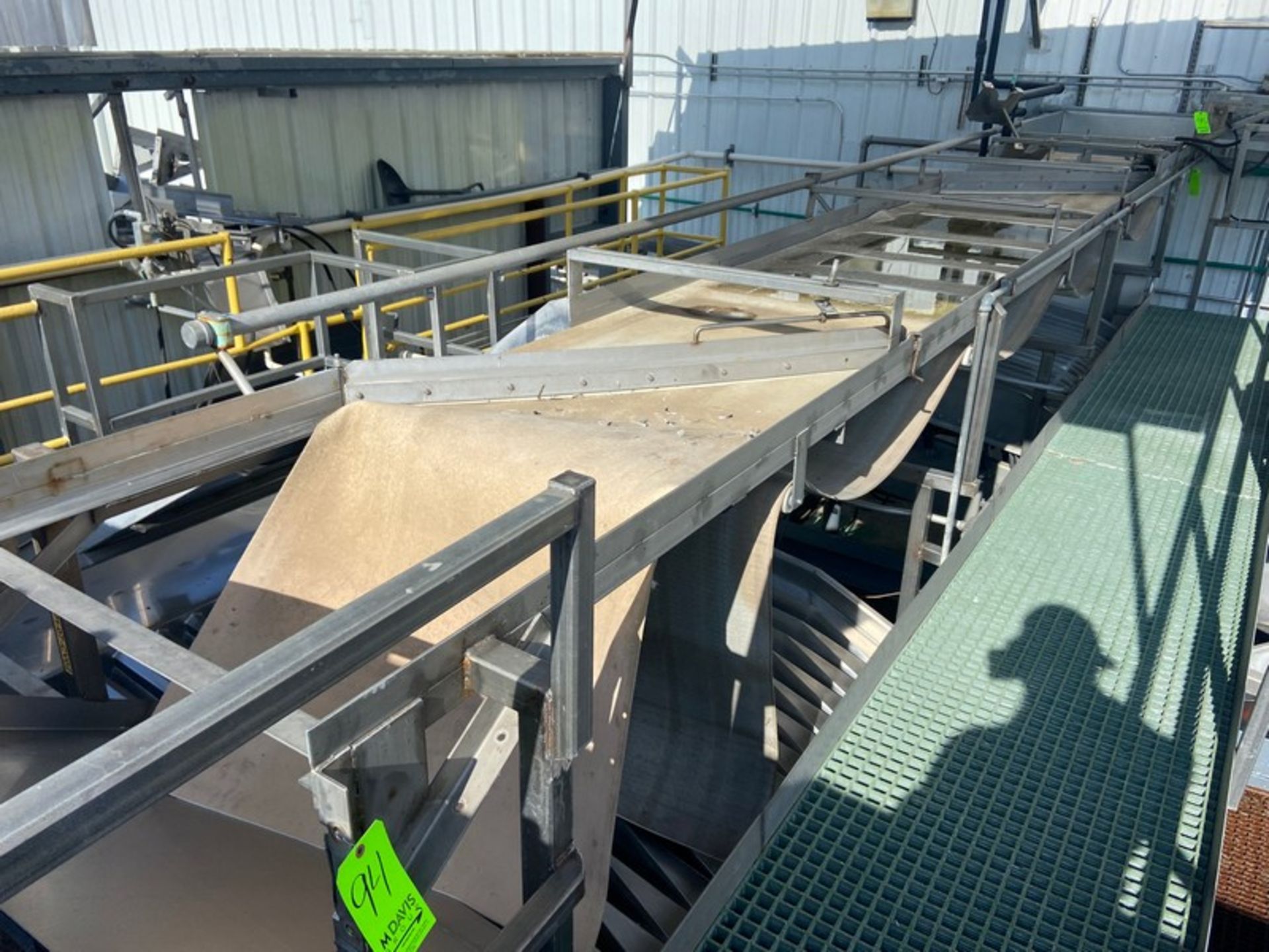Straight Section of Distribution Conveyor, Aprox. 25 ft. L x 36” W Belt, with (2) S/S Chutes Leading