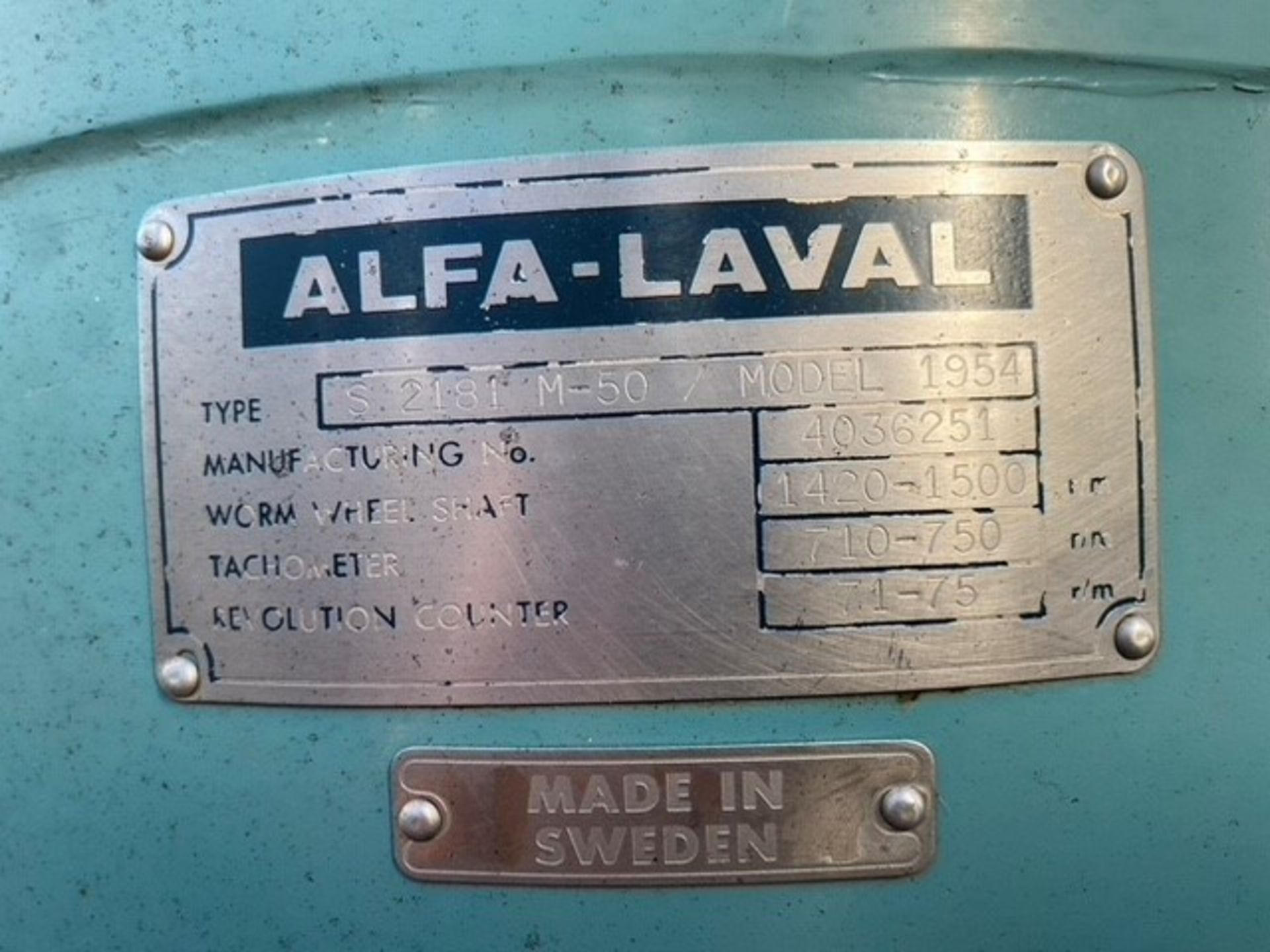 Alfa Laval Milk Separator/Separator, Type S2181M-50, Model 1954,Mfg. #4036251 (Loading Fee $200) ( - Image 10 of 10