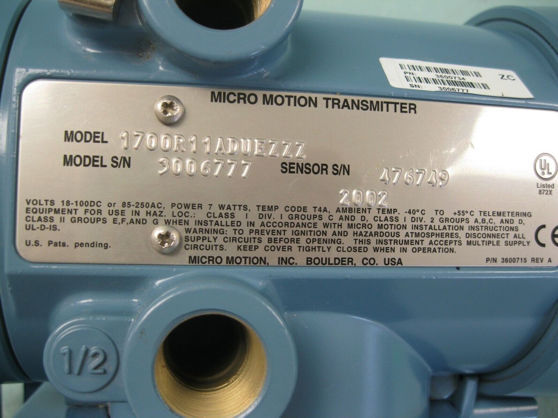 Micro Motion 1700 R11 AD UEZZZ Transmitter 2002 NEW (Located Springfield, NH) (Loading Fee $25) - Image 3 of 3