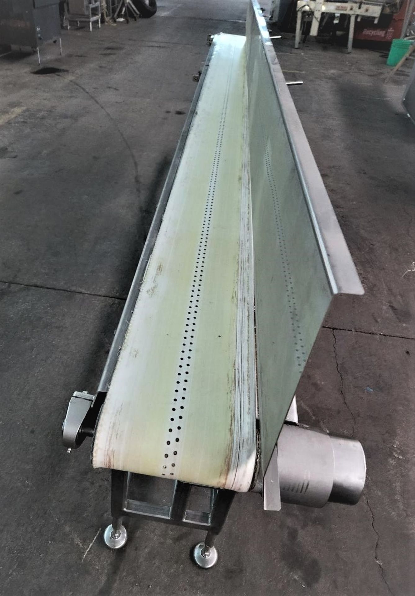 Aprox. 10" Wide x 158" Long S/S Blowoff Belt Conveyor with 10" Wide Belt with Perforations to