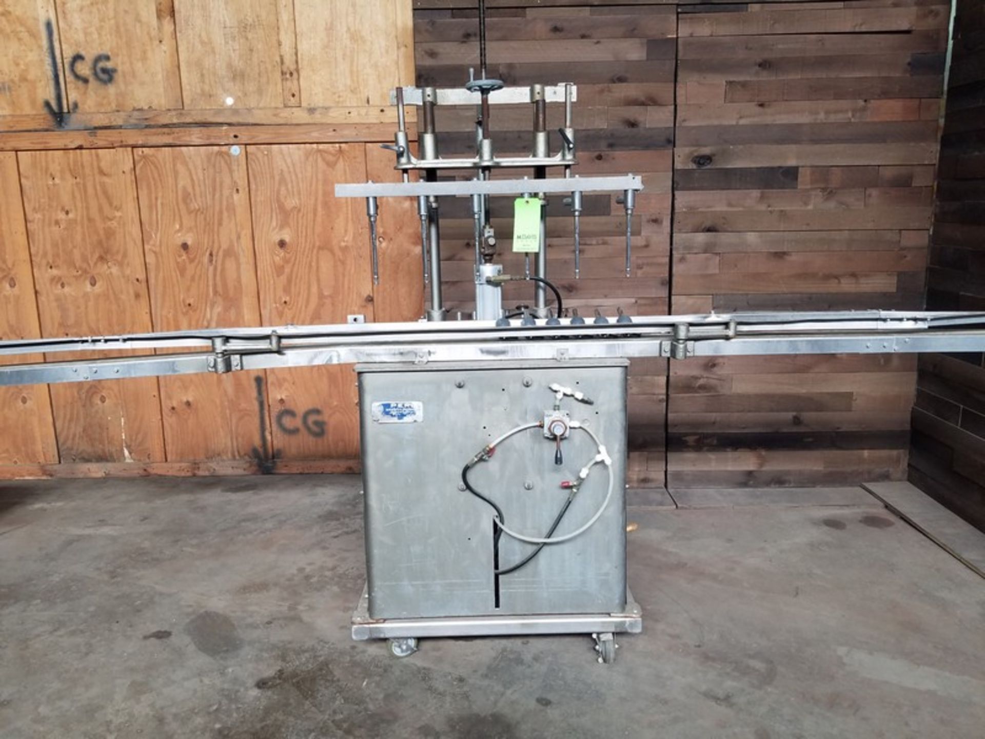 Perl Bost 6-T Filler, 6-Head, S/N 206 with Conveyor Line Aprox. 4-1/2" W x 144" L (NOTE: No Belt) (