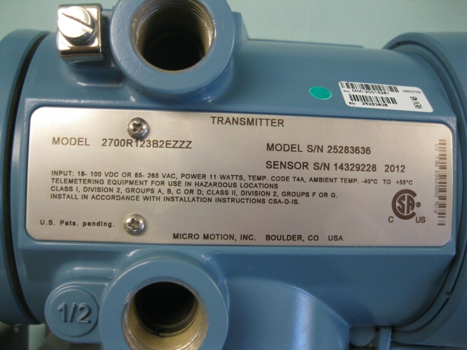 Micro Motion 2700 R12 3B 2EZZZ Mfg 2012 Transmitter (Located Springfield, NH) (Loading Fee $25) - Image 2 of 4