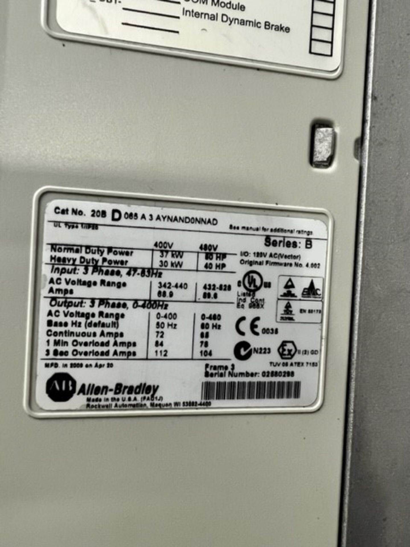 Allen Bradley 50 hp PowerFlex 700 VFD, CAT #20B-D-065-A-3-AYNAND0NNAD, Series B (Load Fee $100) ( - Image 2 of 3