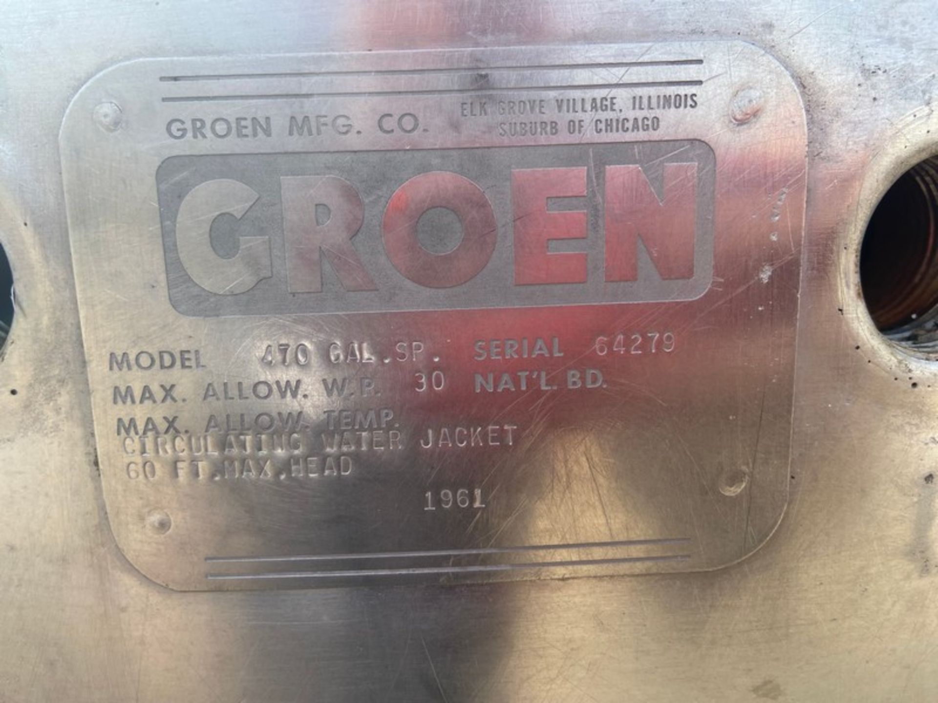 Groen 470 Gal. S/S Processor, S/N 64279, Max. Allow W.P. 30, with Circulating Water Jacket ( - Image 7 of 7