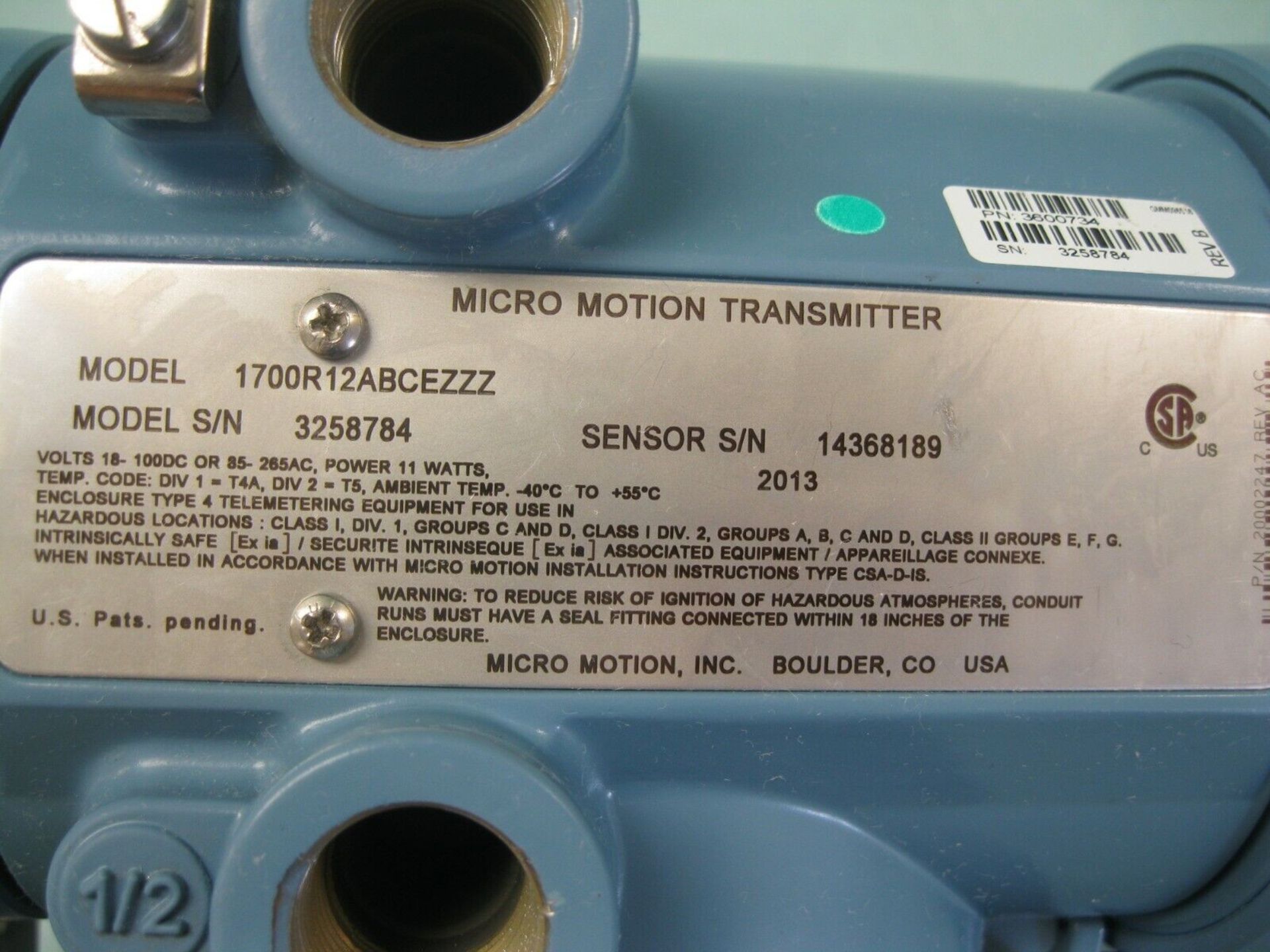 Micro Motion 1700 R12 AB CEZZZ Transmitter (Located Springfield, NH) (Loading Fee $25) - Image 2 of 3