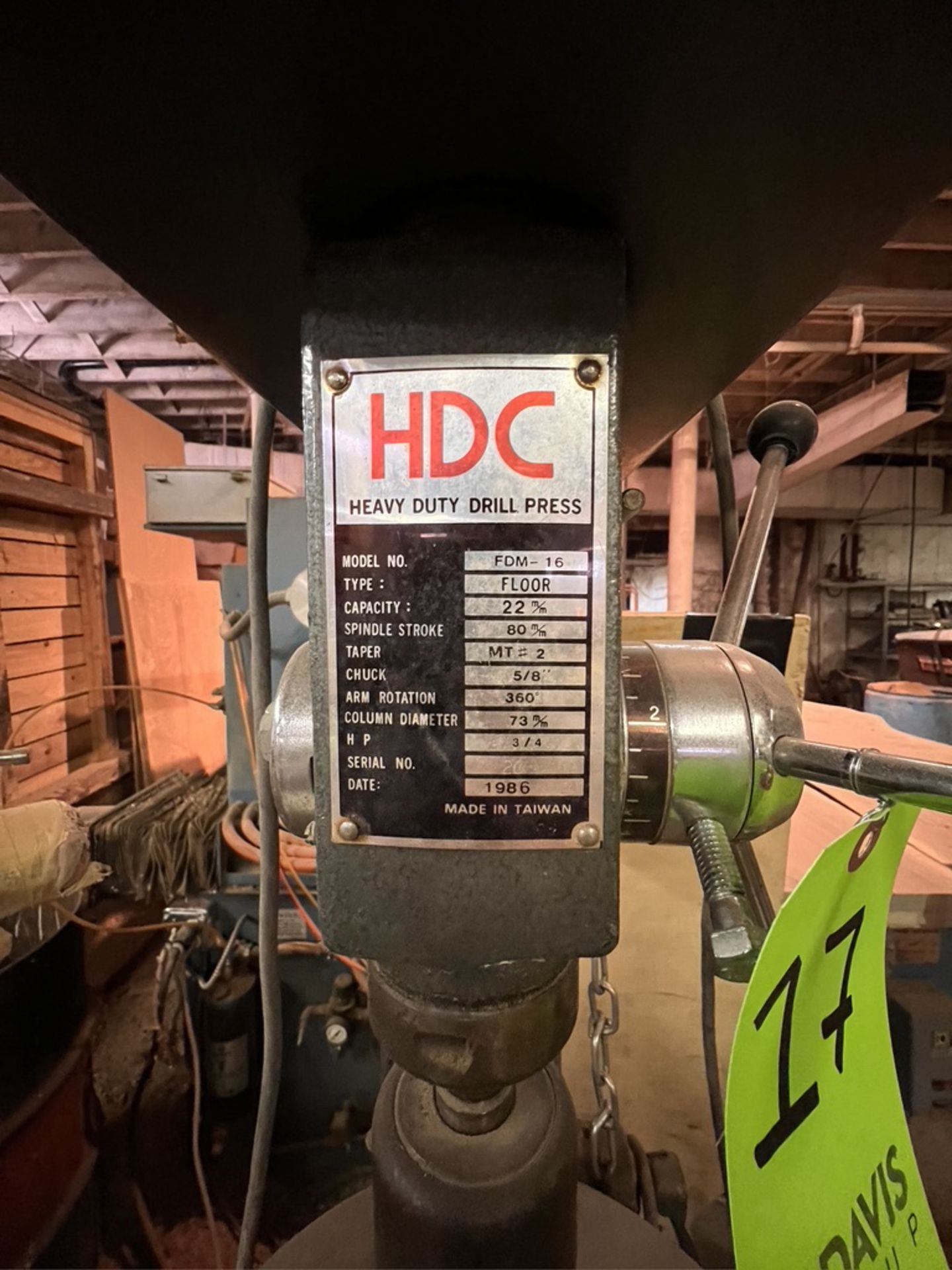HDC HEAVY DUTY DRILL PRESS, MODEL FDM-16, S/N 20 - Bild 7 aus 9