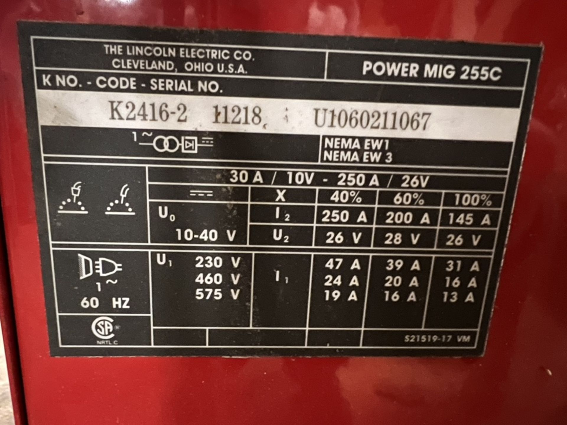 LINCOLN ELECTRIC MIG WELDER, POWER MIG 255C, S/N K2416-2 11218 U1060211067 - Image 4 of 5