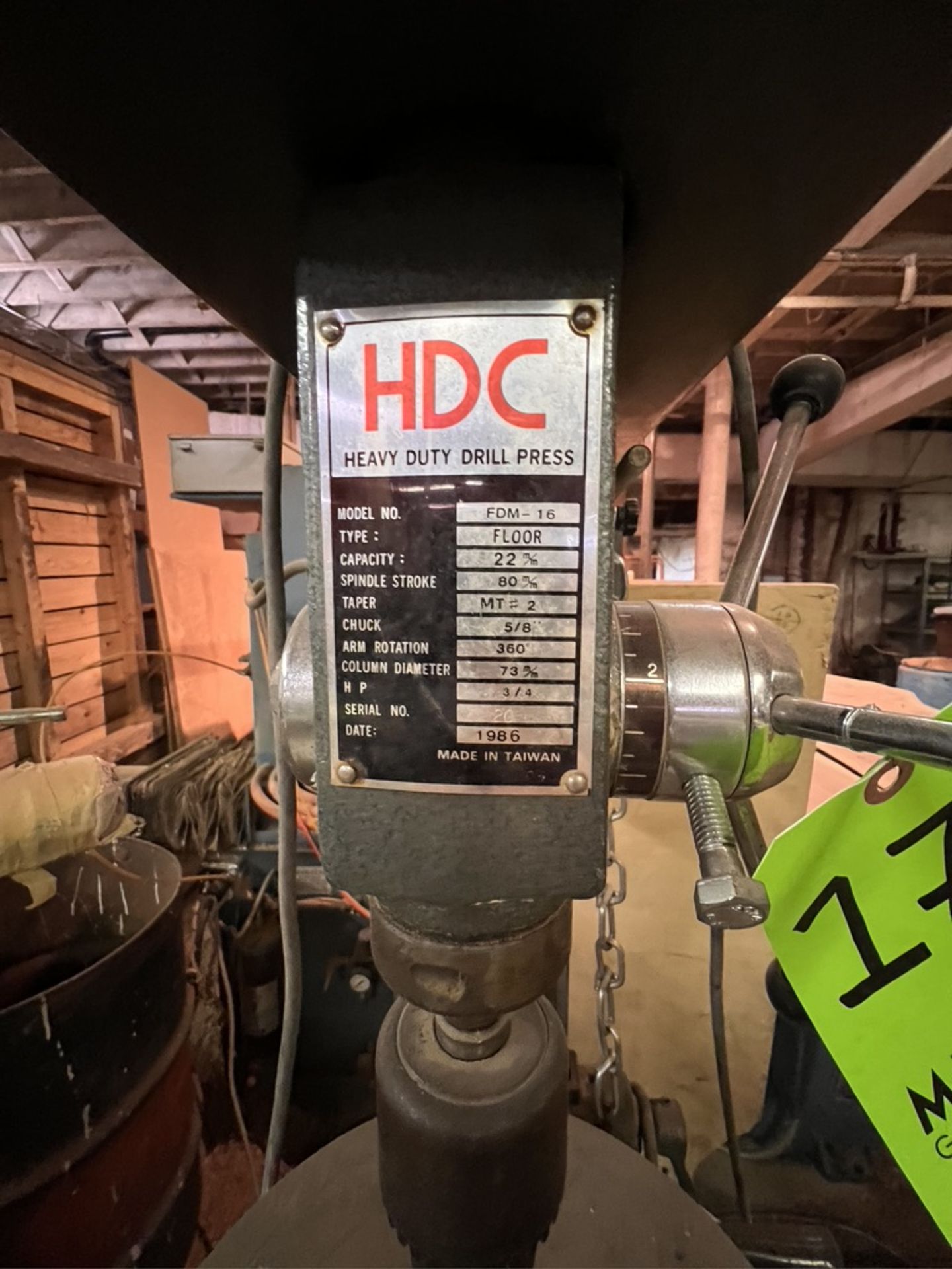 HDC HEAVY DUTY DRILL PRESS, MODEL FDM-16, S/N 20 - Bild 3 aus 9