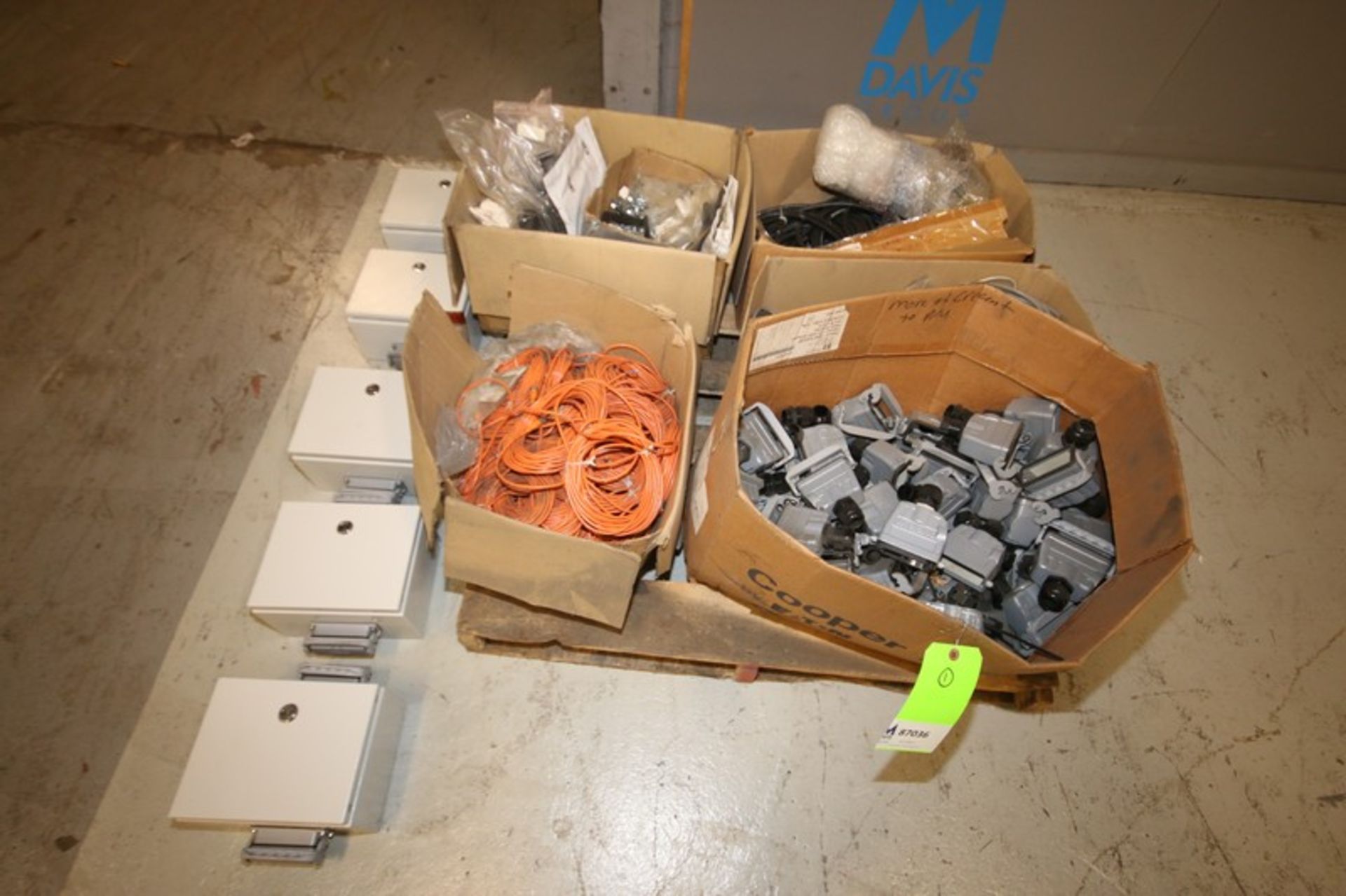 Pallet of Assorted Machine Electrical Parts, Including Boxes, Weiland Connectors, Micro Switch