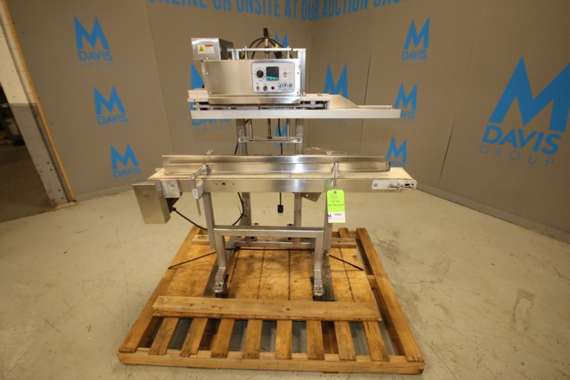 APM Vertical Band Sealer, Model VCBSDM 3/8 TX 6 x 5, SN 3094DM, with 55" L Power Conveyor with 6"