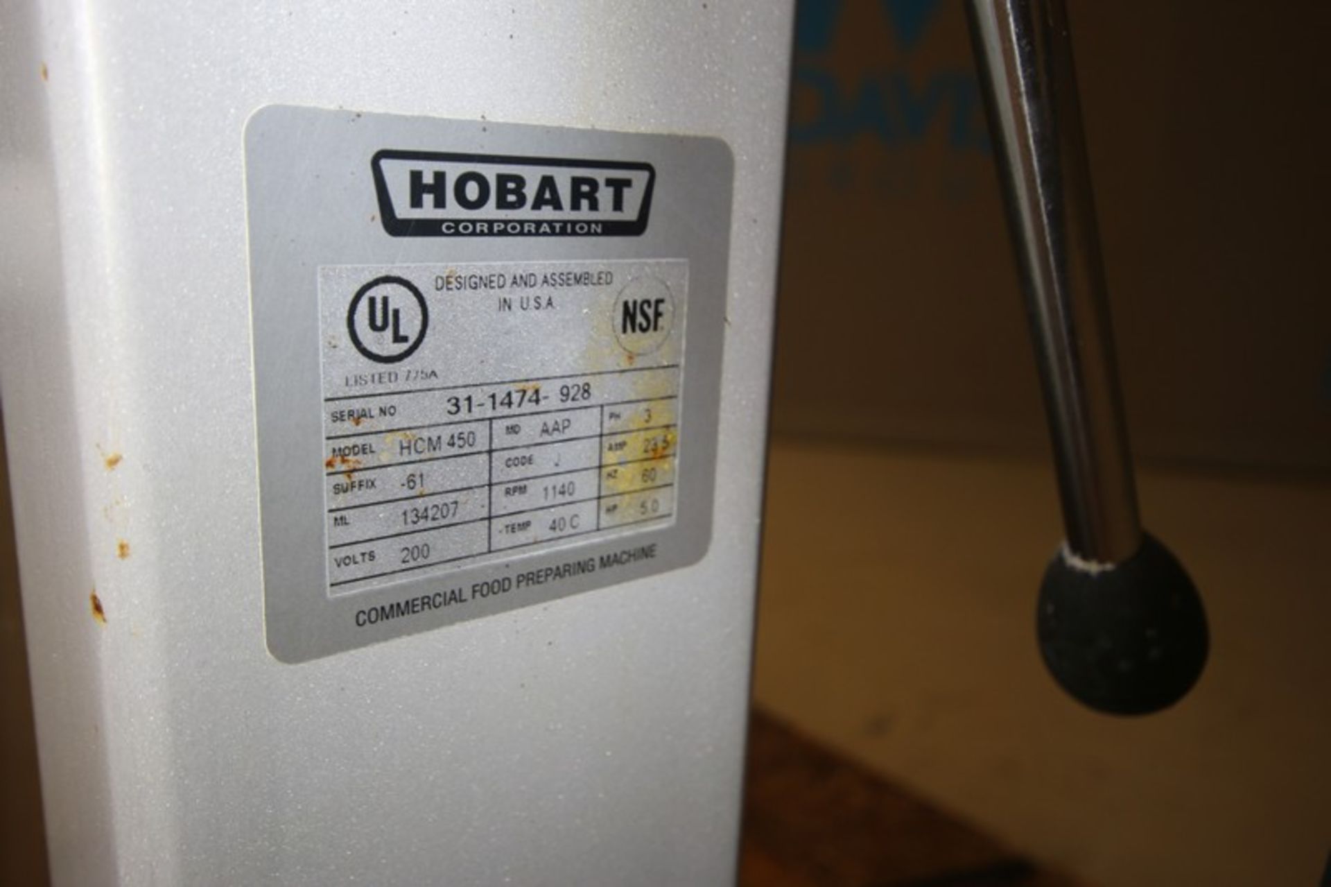 Hobart 45 Qt. S/S Vertical Cutter / Mixer, Model HCM450, Suffix 61, SN 31-1474-928, 5 hp Motor, - Image 6 of 6