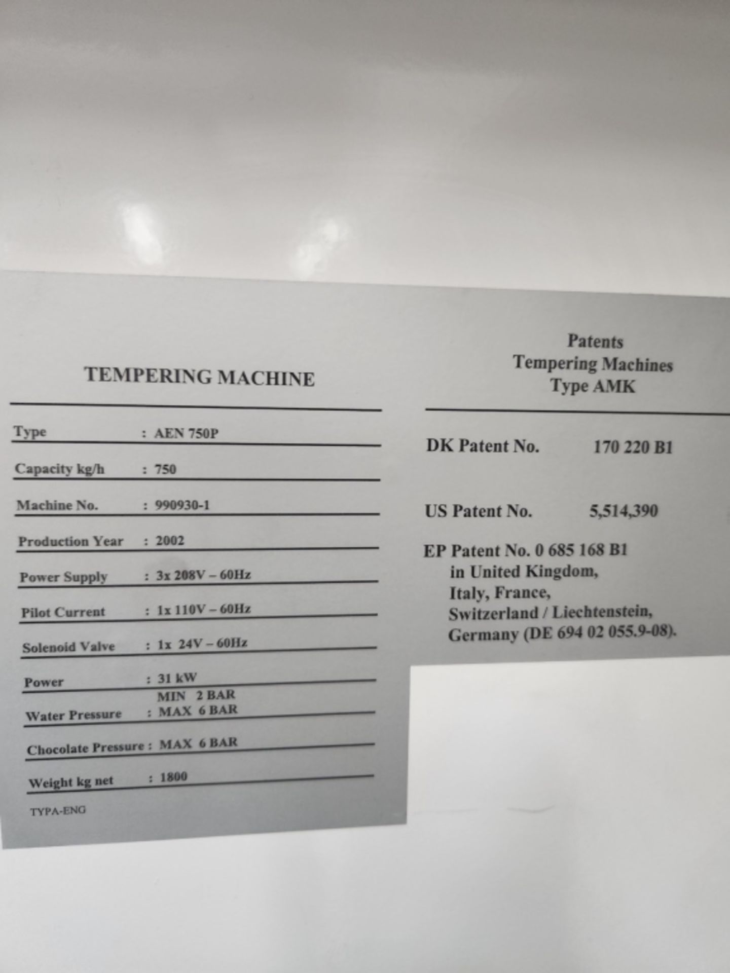 NIELSEN 750P CHOCOLATE TEMPERING MACHINE, MODELAEN 750P, S/N 990930-1, 750 KG/HR, WITH PUMP( - Image 4 of 23