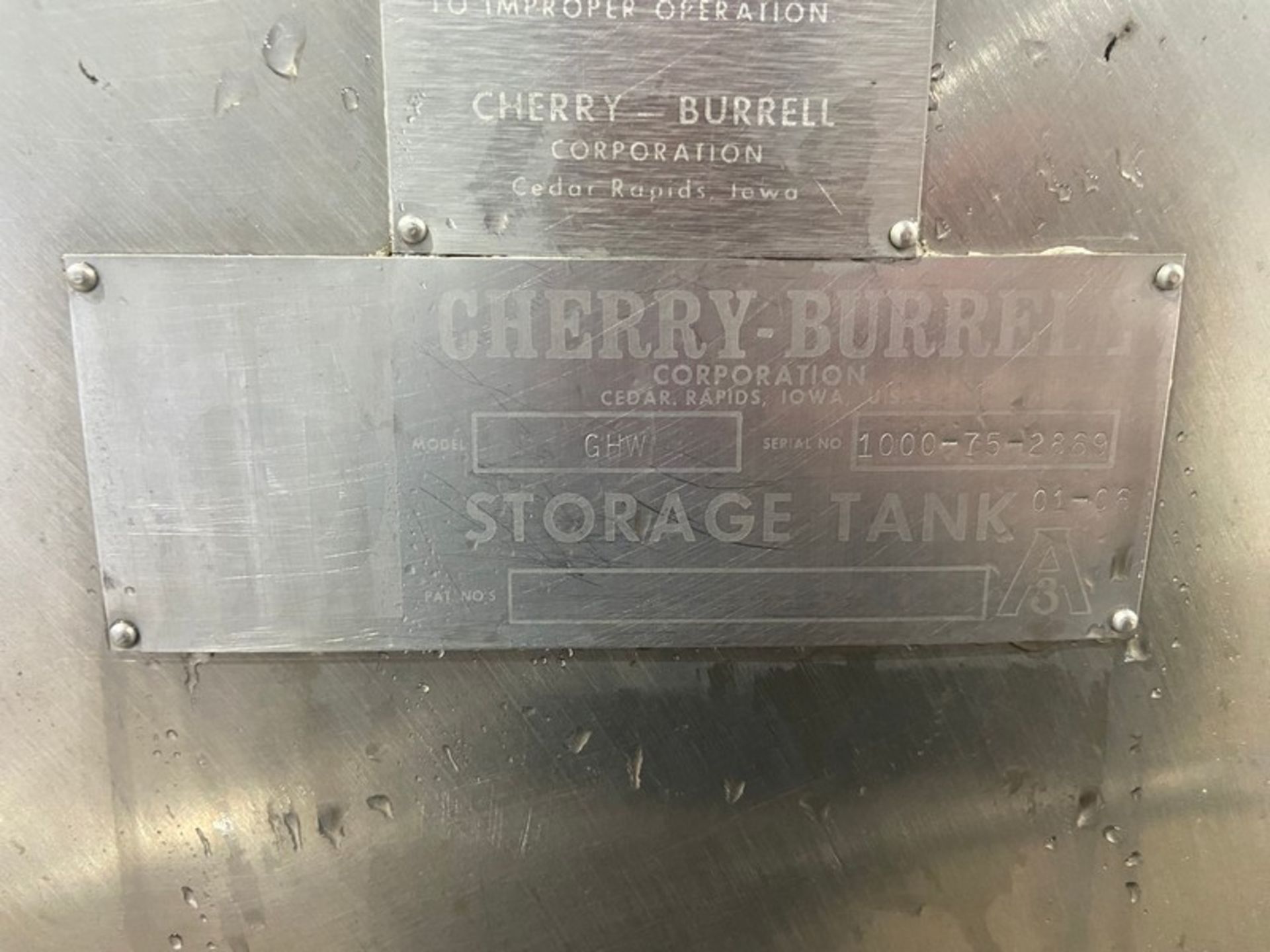 Cherry-Burrell 1,000 Gal. S/S Jacketed Tank,M/N GHW, S/N 1000-75-2869, Mounted on S/S Legs (NOTE: - Image 3 of 17