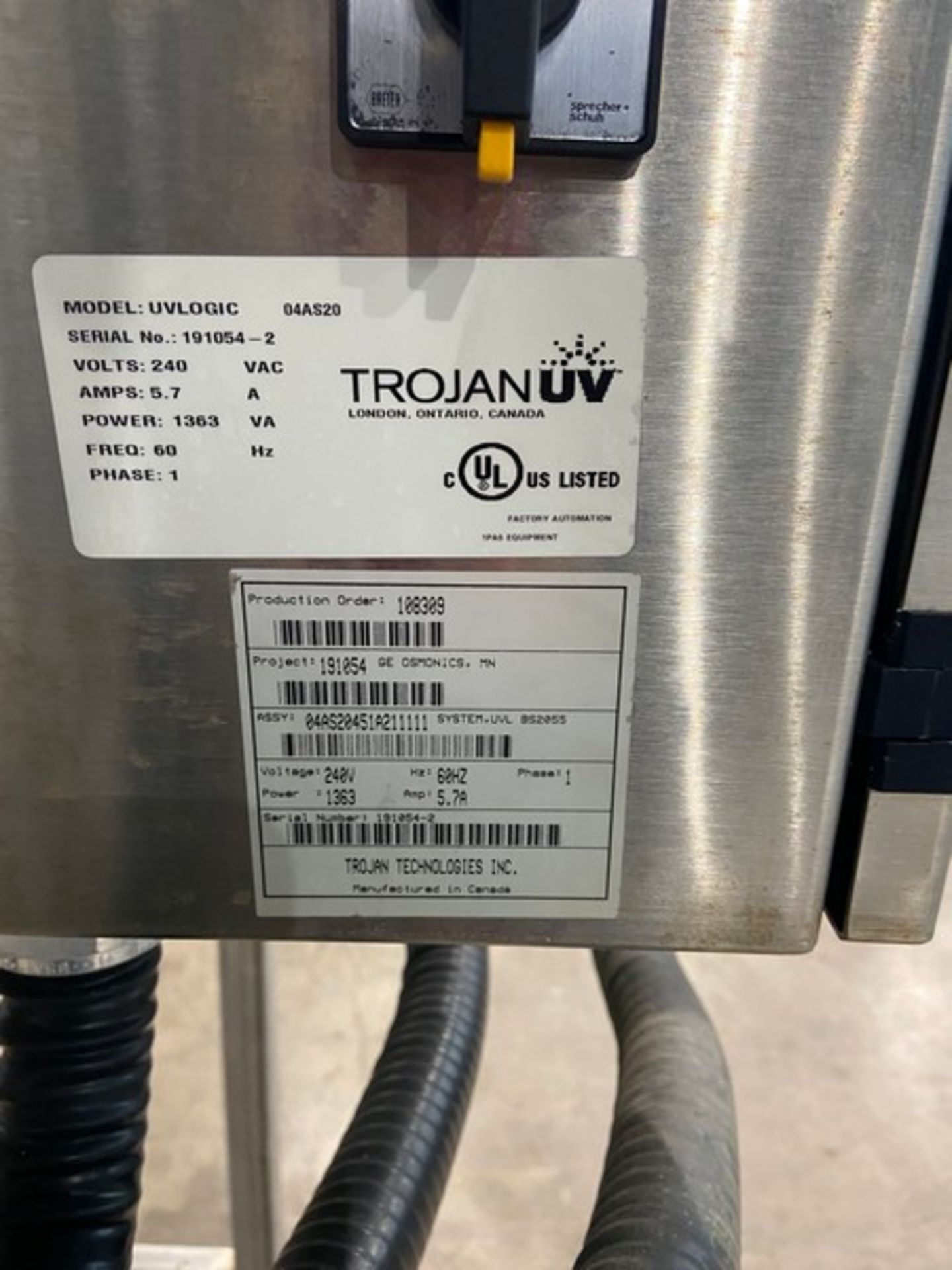 Trojan UV Logic System,M/N UVLogic 04AS20, S/N 191054-2, 240 Volts, 1 Phase, Mounted on S/S Frame ( - Image 4 of 8