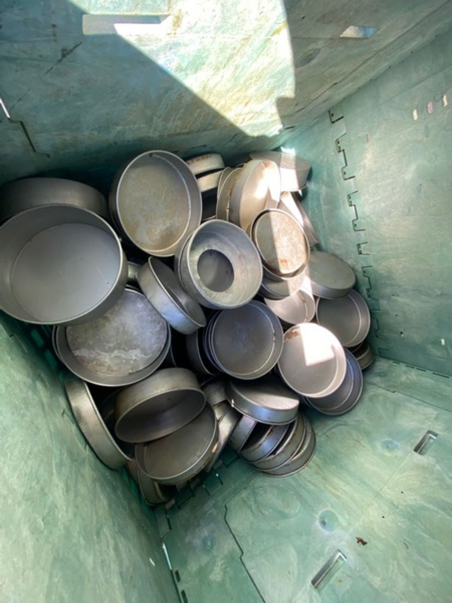 Lot of Assorted 10” Round Aluminum Pans,Aprox. (75) Pans with Aprox. 48” L x 45” W x 49” H Plastic - Image 2 of 3
