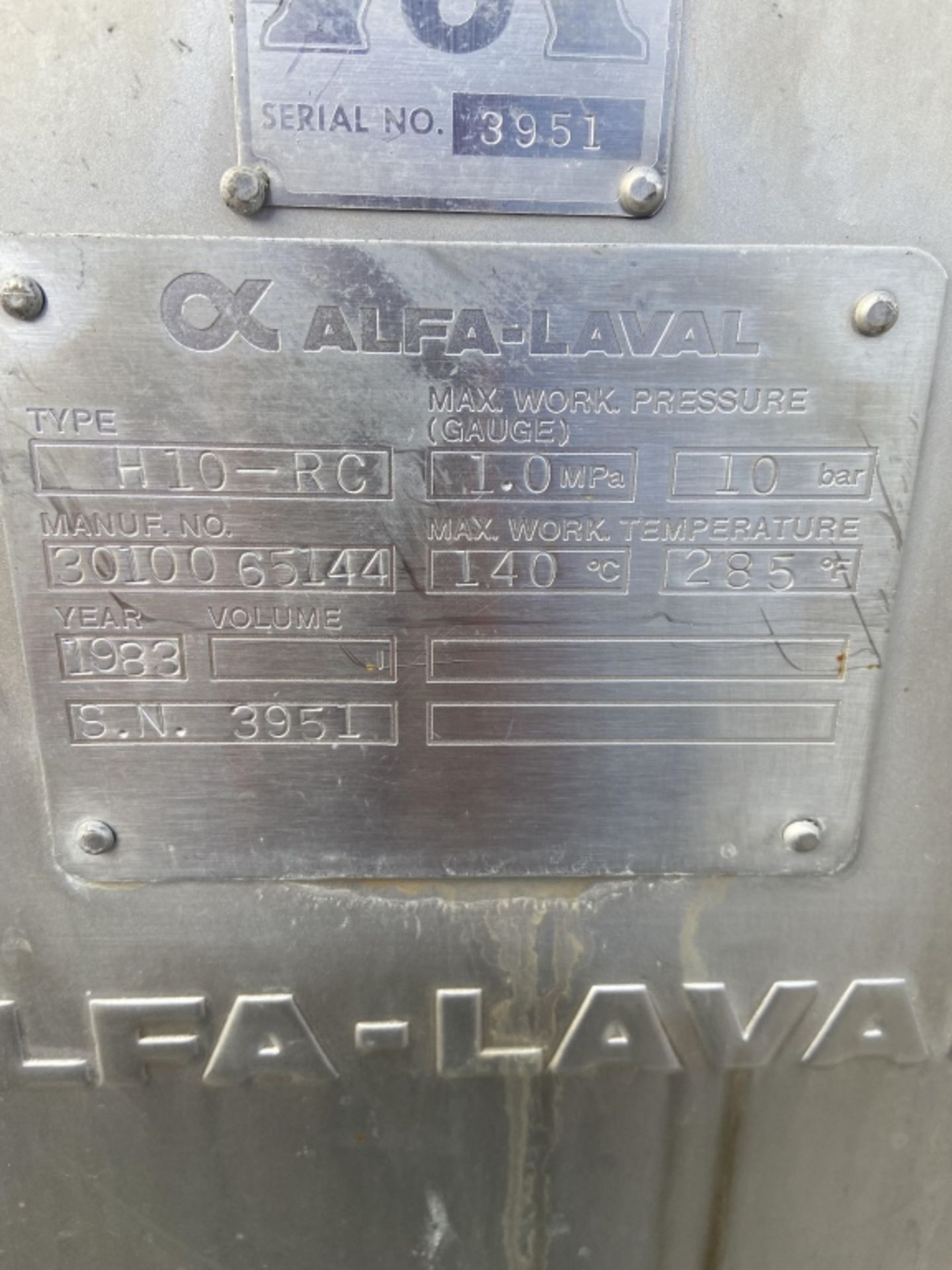 Alpha Laval S/S Plate Heat Exchanger, Type H10-RG, S/N 3951 Max. Work Pressure 1.0 MPA 10 Bar, - Image 7 of 8