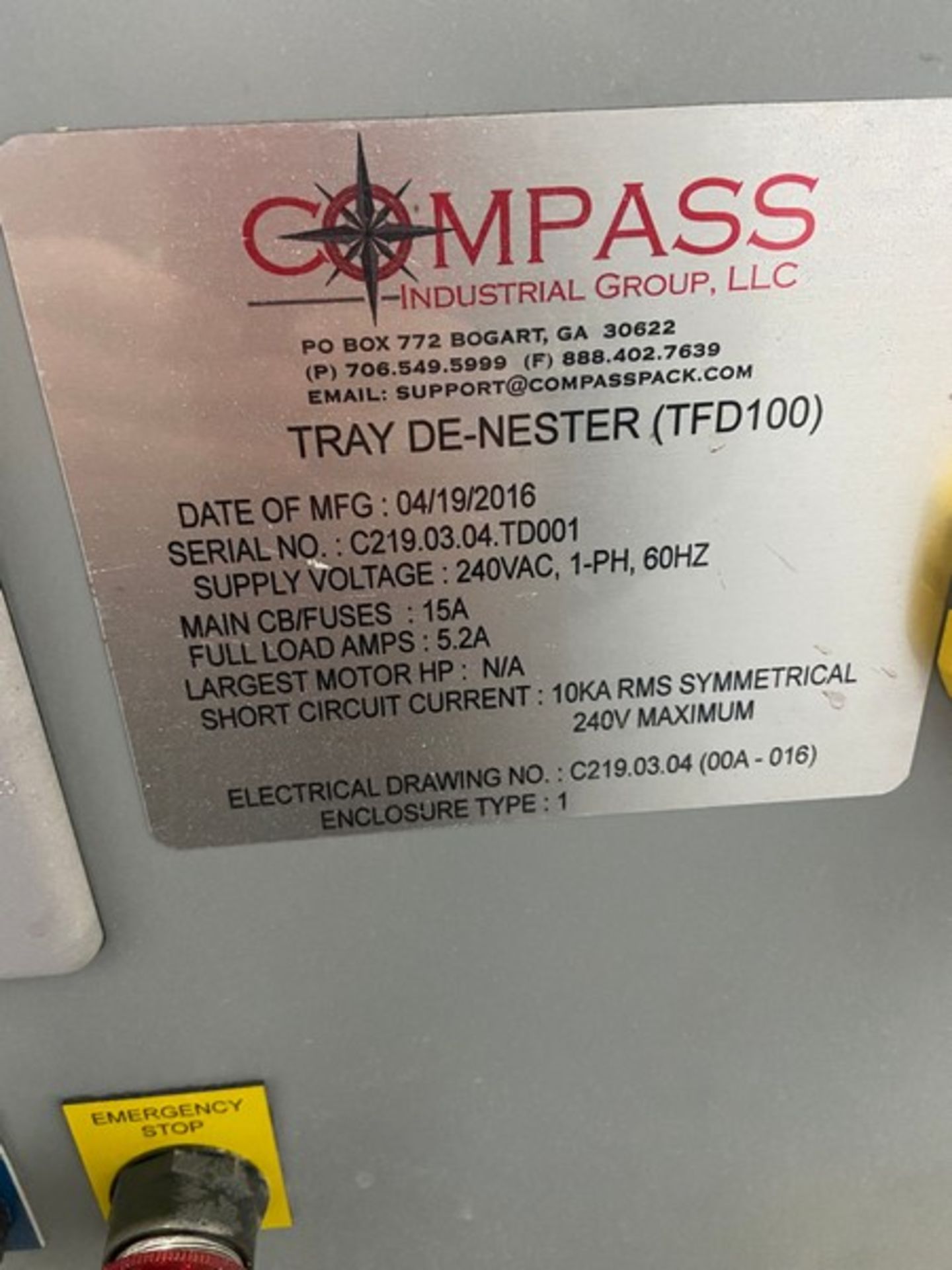 2016 Compass Industrial S/S Tray De-Nester,S/N C219.03.04.TD001, 240 Volts 1 Phase, with Allen- - Image 5 of 8