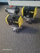 (3) new 2” Top Flo three way air operated ball valves , Teflon seats, tri clamp connections