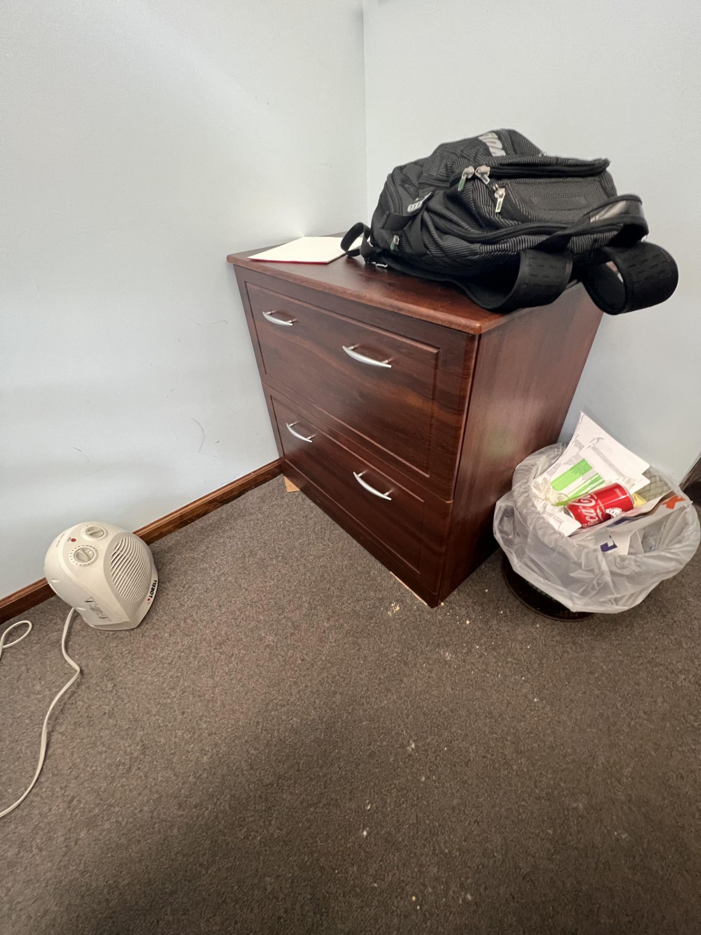 CONTENTS OF OFFICE, INCLUDES WOOD DESK, CHAIRS, 2-DOOR FILE CABINET, DOES NOT INCLUDE COMPUTERS OR - Image 3 of 4