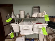 KITCHEN SUPPLIES LOCATED ON (2) RACKS, INCLUDES SCOOPS, KNIVES, SCRAPPERS, STRAINERS AND MORE