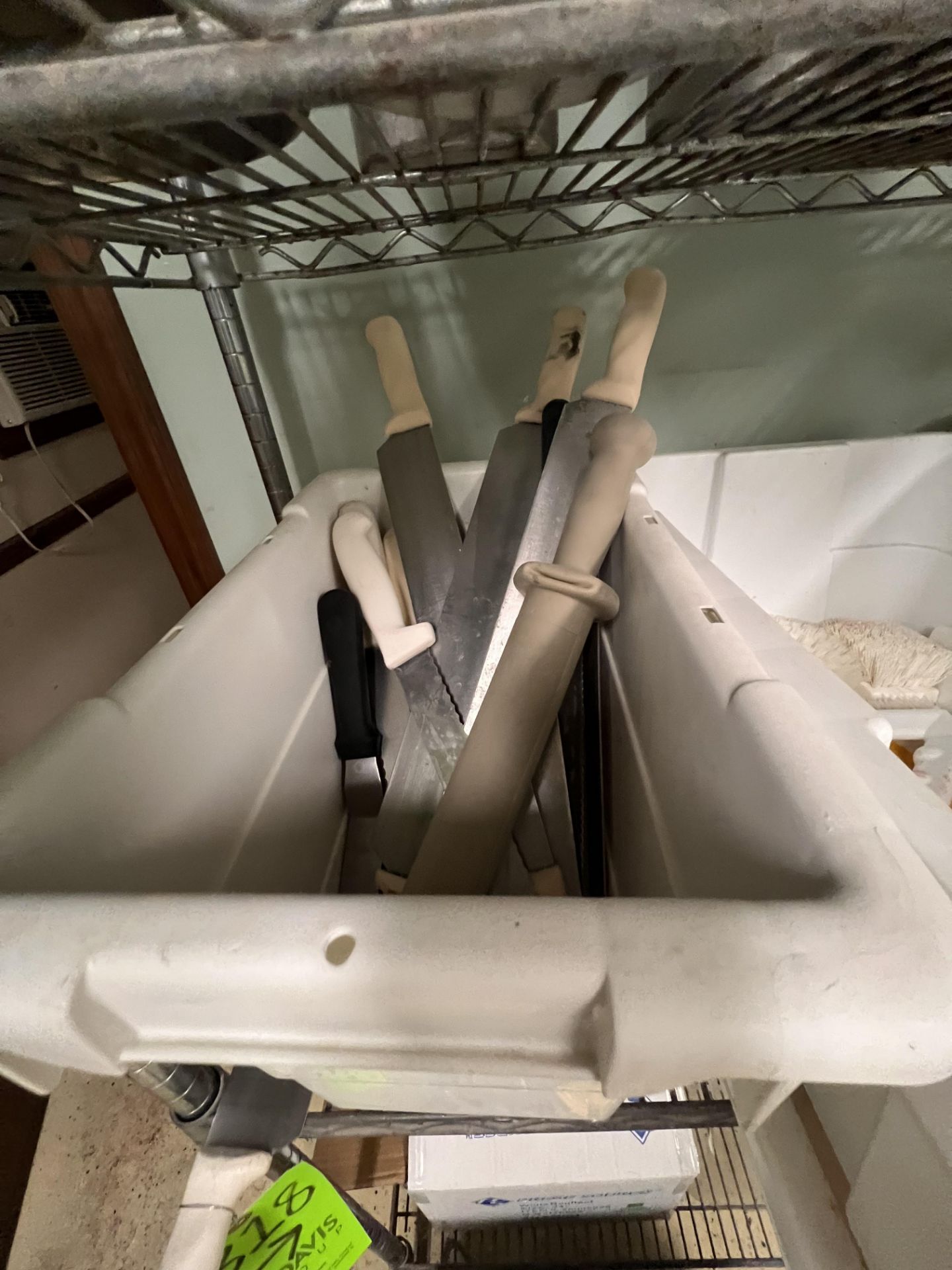 KITCHEN SUPPLIES LOCATED ON (2) RACKS, INCLUDES SCOOPS, KNIVES, SCRAPPERS, STRAINERS AND MORE - Image 2 of 7