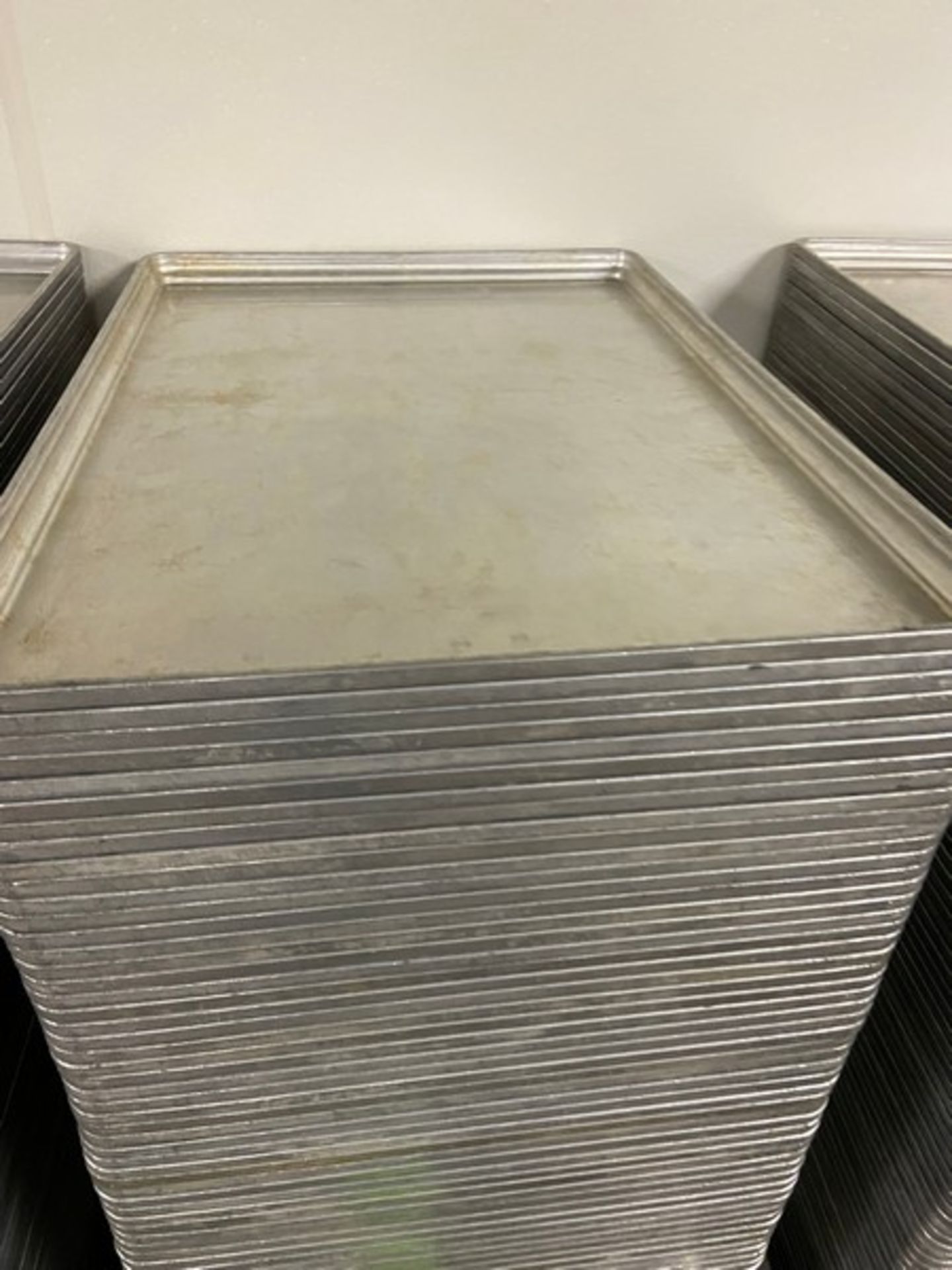 (120) BAKING SHEET PANS, INTERAL DIMS.: APROX. 26” L x 18” W x 1” H, ON S/S PORTABLE PAN CART ( - Image 3 of 3