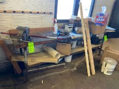 WOODEN SHOP TABLE WITH VICE, WITH BOTTOM SHELF & CONTENTS (LOCATED IN CALLERY, PA)