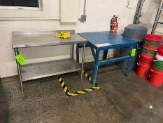 (1) S/S TABLE WITH BOTTOM SHELF, & (1) STEEL TABLE PAINTED BLUE (LOCATED IN CALLERY, PA)